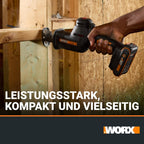 WORX WX501.9 Akku-Säbelsäge 20V – leistungsstarke Brushless Motor – 26mm Hublänge – 0-3000/min Leerlaufdrehzahl– leicht & kompakt – werkzeugloser Messerwechsel – LED Licht – ohne Akku & Ladegerät