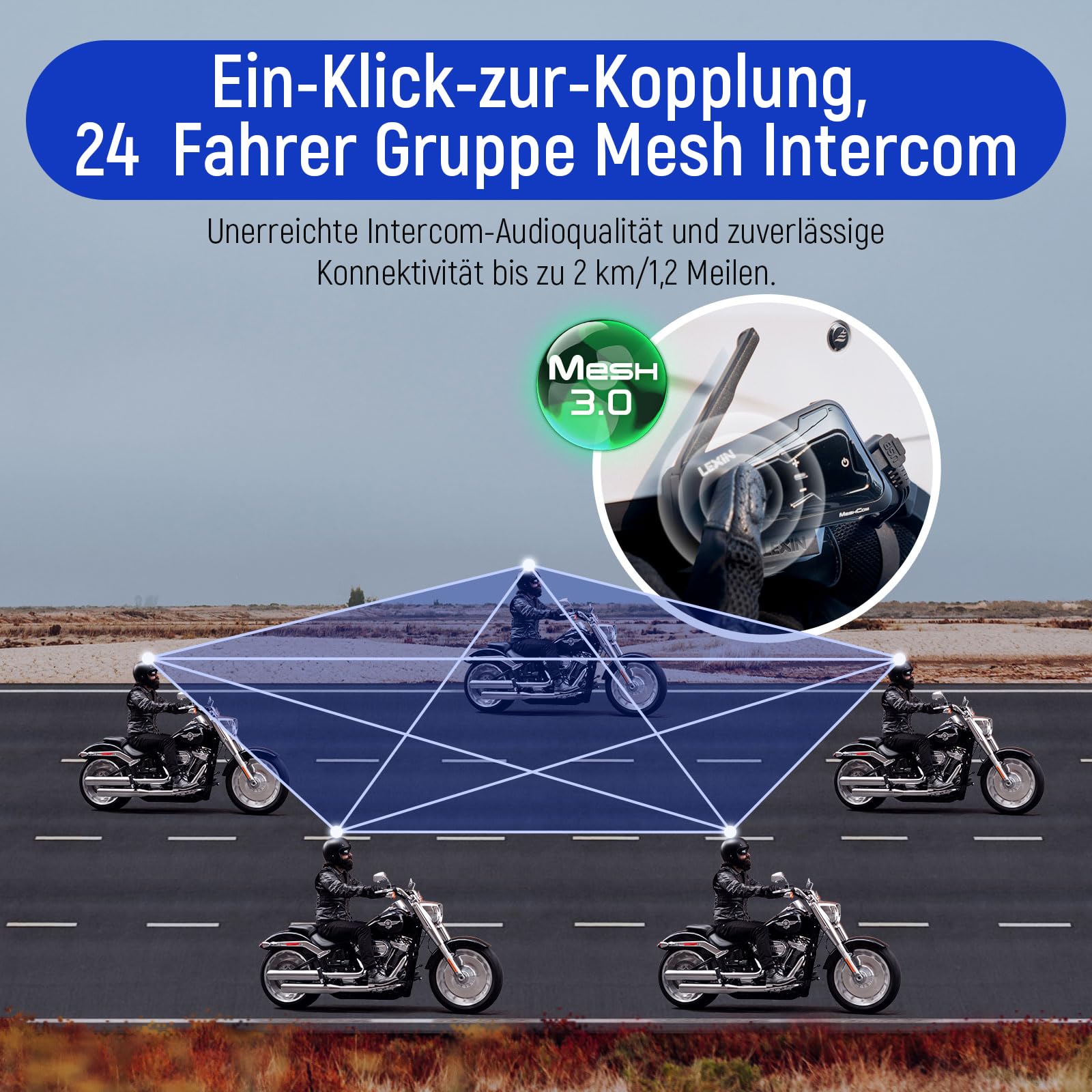 LEXIN MeshCom Mesh 3.0 Helm Intercom, Motorrad Headset Bluetooth 5.0, Motorradhelm Kommunikationssystem mit CVC und DSP Geräuschunterdrückung, Multi-Audio Funktion, IP67 Wasserdicht, Einzelpack