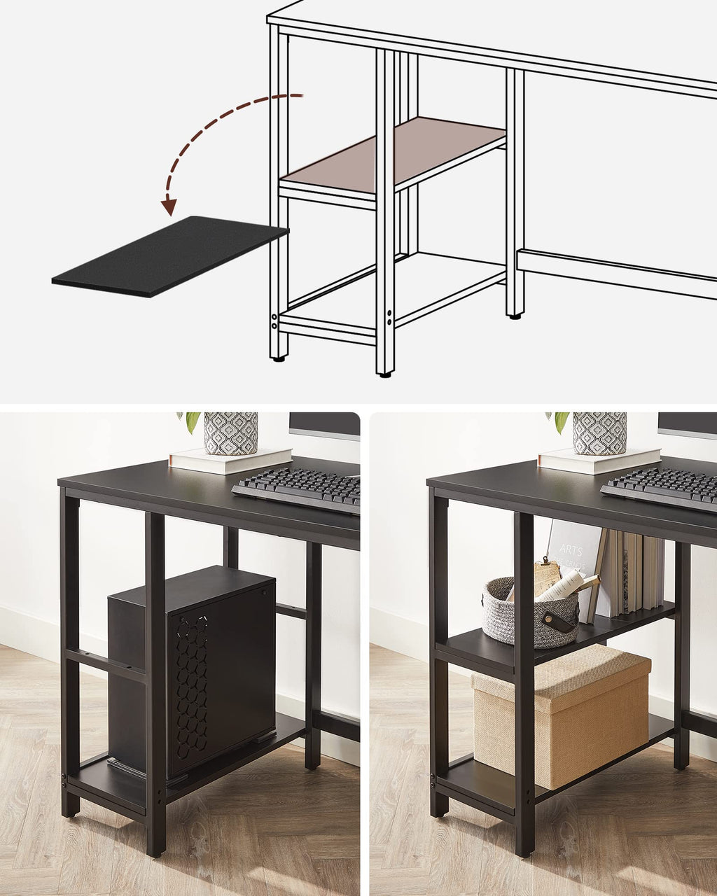VASAGLE Schreibtisch, Computertisch, PC-Tisch, Bürotisch, mit 2 Ablagen auf der rechten oder linken Seite, fürs Büro, Wohnzimmer, Stahlgestell, Industrie-Design, schwarz LWD047B16