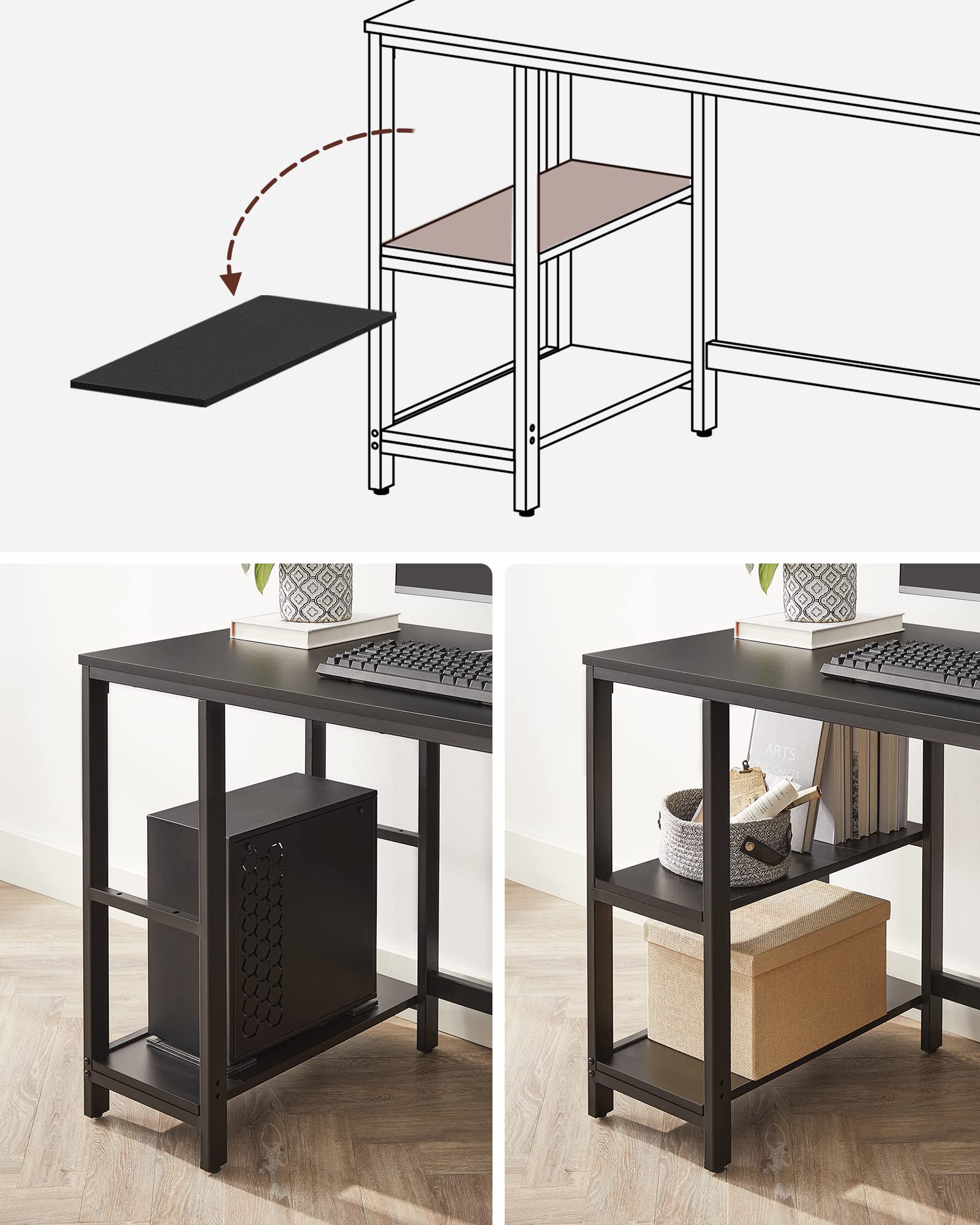 VASAGLE Schreibtisch, Computertisch, PC-Tisch, Bürotisch, mit 2 Ablagen auf der rechten oder linken Seite, fürs Büro, Wohnzimmer, Stahlgestell, Industrie-Design, schwarz LWD047B16
