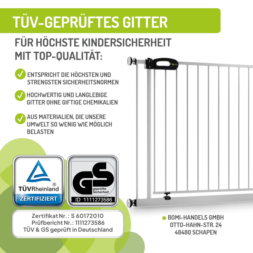 BOMI TÜV GS Siegel Kindertreppen Gitter XXL Merle | Ohne Bohren | Schließt automatisch | Gittertür aus Metall Weiss | Stabile Baby Schutzgitter Tür für Kindersicherheit | Breite: 93-101 cm