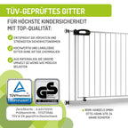 BOMI TÜV GS Siegel Kindertreppen Gitter XXL Merle | Ohne Bohren | Schließt automatisch | Gittertür aus Metall Weiss | Stabile Baby Schutzgitter Tür für Kindersicherheit | Breite: 93-101 cm