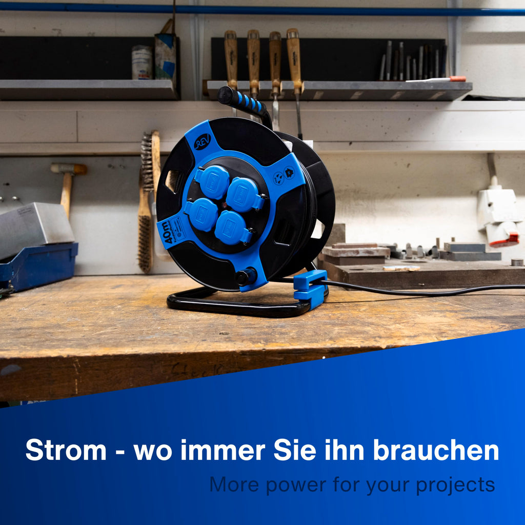 REV Kabeltrommel, IP44, Outdoor, 4 Schutzkontaktsteckdosen, 25m, schwarz