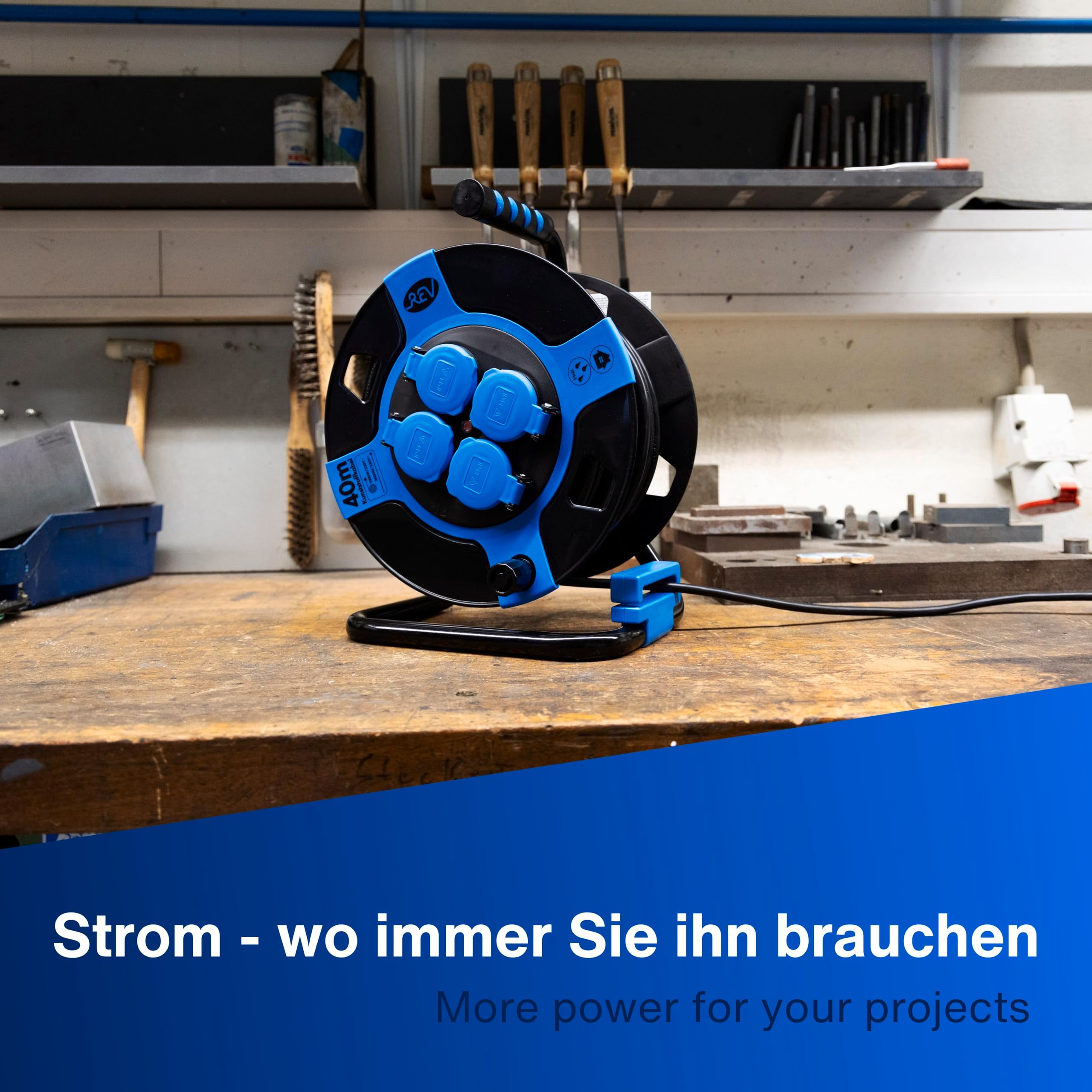 REV Kabeltrommel, IP44, Outdoor, 4 Schutzkontaktsteckdosen, 25m, schwarz