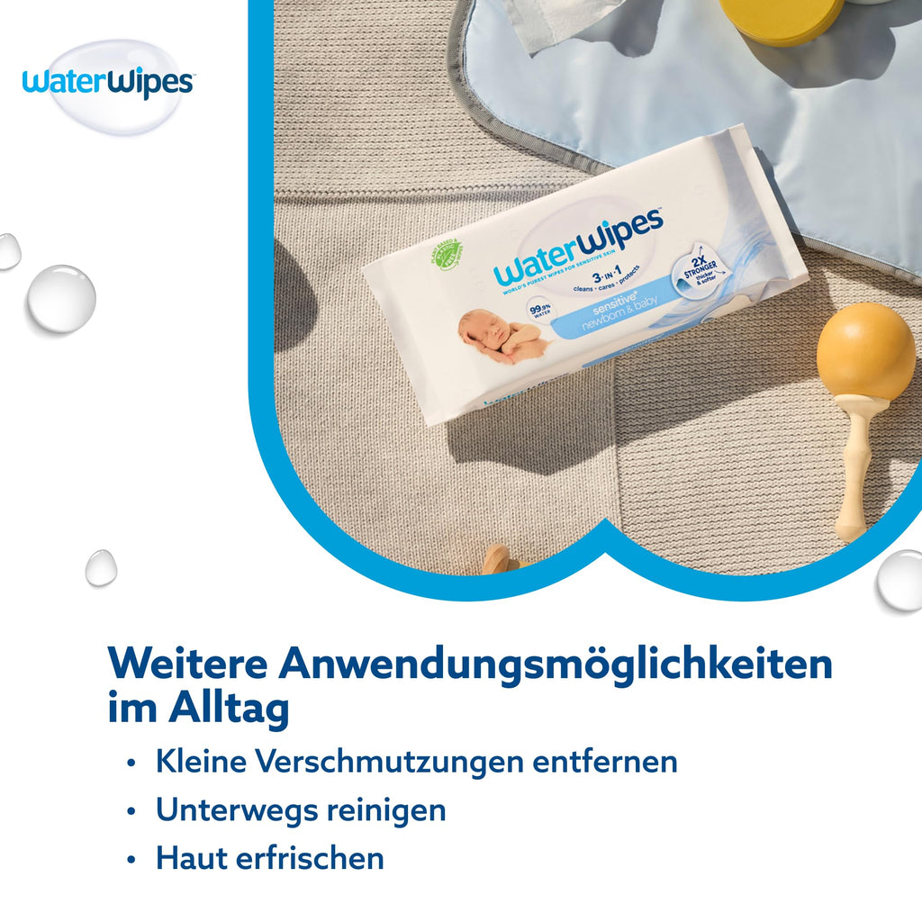 WaterWipes Sensitive+ Newborn & Baby Wipes, Feuchttücher für Neugeborene und Babys, 1080 Stück (18 Packungen), 3-in-1-Reinigung, Pflege, Schutz, 99,9% Wasser, parfümfrei