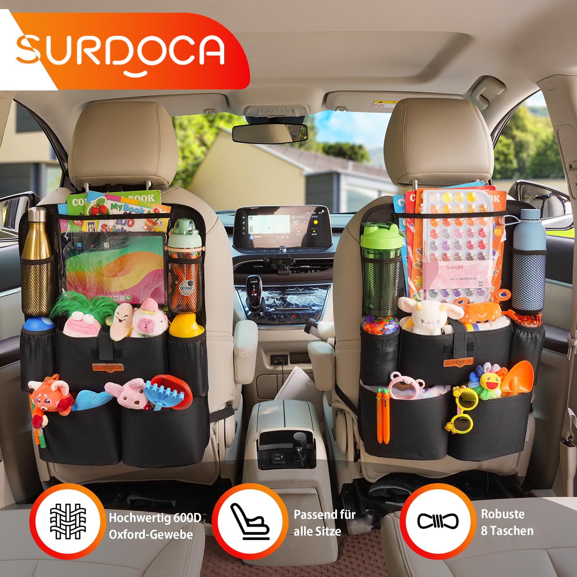 SURDOCA Autositz-Organizer – 4th Generation verbesserter Auto Rücksitz für bis zu 11-Zoll Tablet, 8 Taschen, Kinderspielzeug-Aufbewahrung, wasserdichter Rücksitzschutz für Kinder