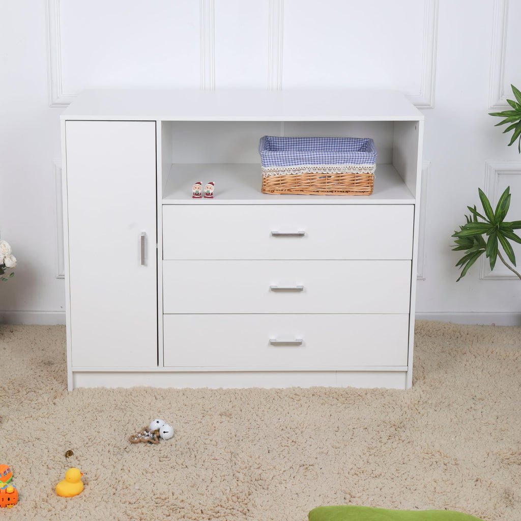 ecomi Wickelkommode Wickeltisch Baby Kommode aus Holz mit Wickelaufsatz, 3 Schubladen, 1 Tür, 100 cm Höhe in Weiß, Wickeltisch 113x100 cm Griffe verchromt