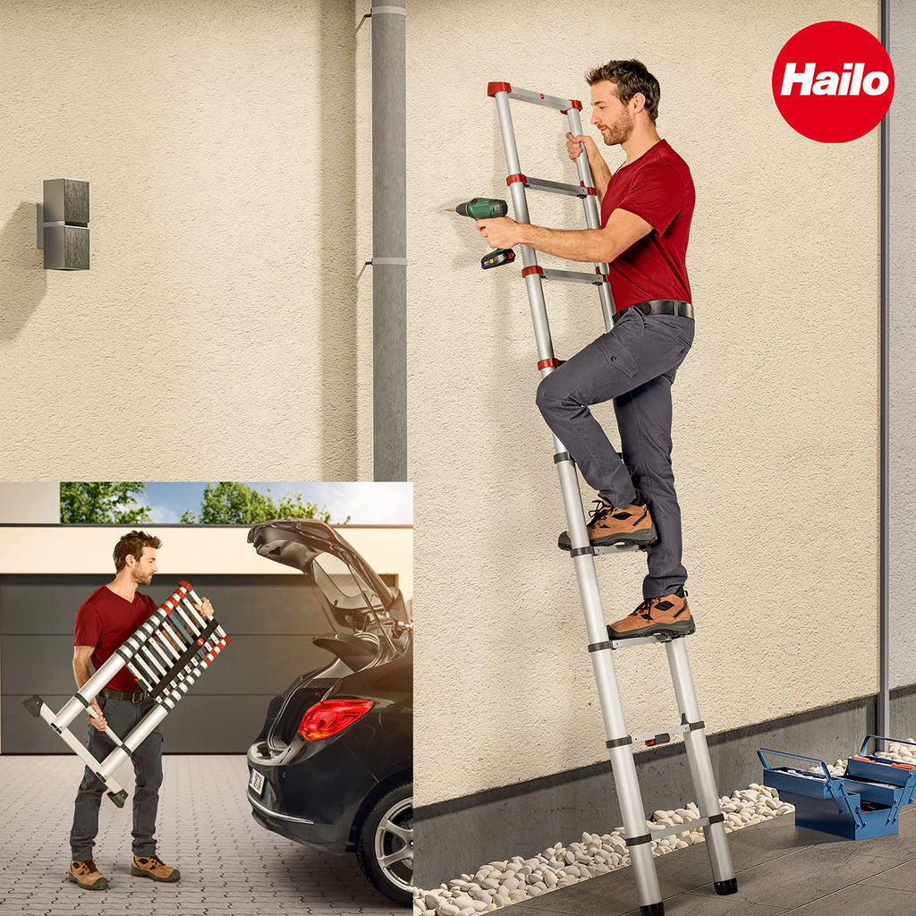 Hailo T80 FlexLine Alu Sicherheits-Teleskopleiter - ausziehbare Anlegeleiter mit 11 Sprossen - Arbeitshöhe bis 397 cm - Gewicht 10,7 kg - Silber