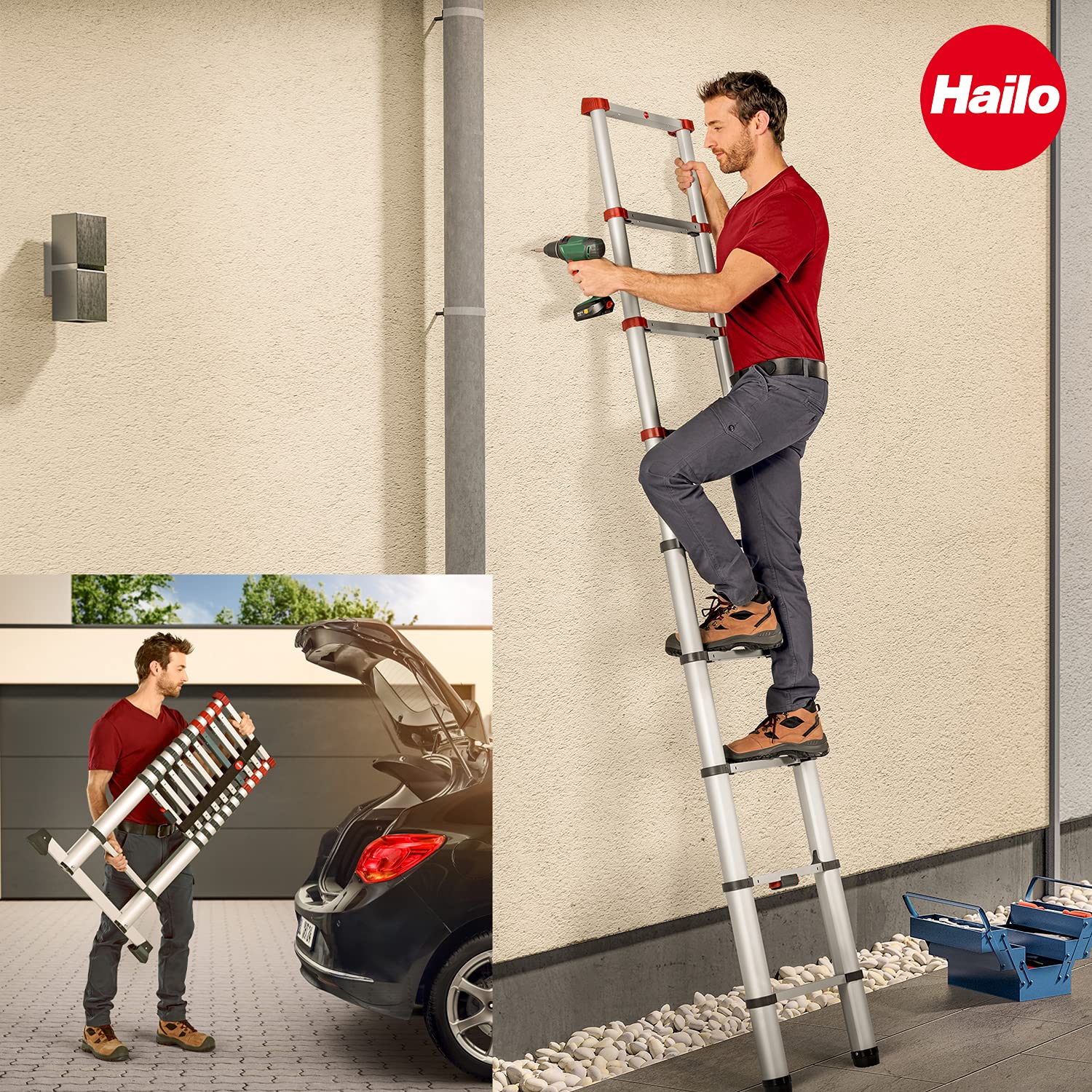 Hailo T80 FlexLine Alu Sicherheits-Teleskopleiter - ausziehbare Anlegeleiter mit 11 Sprossen - Arbeitshöhe bis 397 cm - Gewicht 10,7 kg - Silber