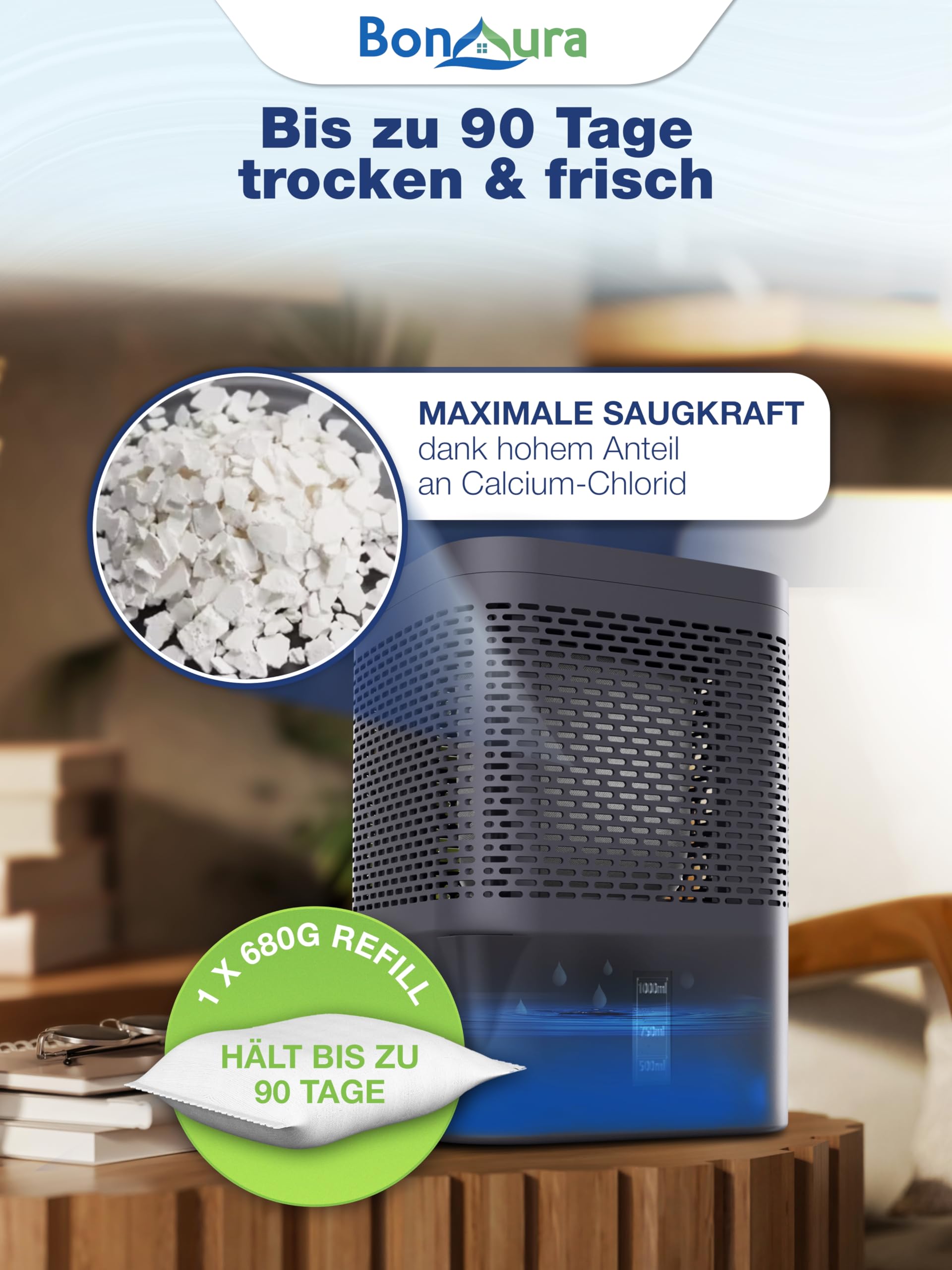BonAura® Luftentfeuchter Nachfüllpack 6x 680g - Sparset Luftentfeuchter Granulat - 6er Set Entfeuchter Granulat - Schimmel- und Geruchsschutz