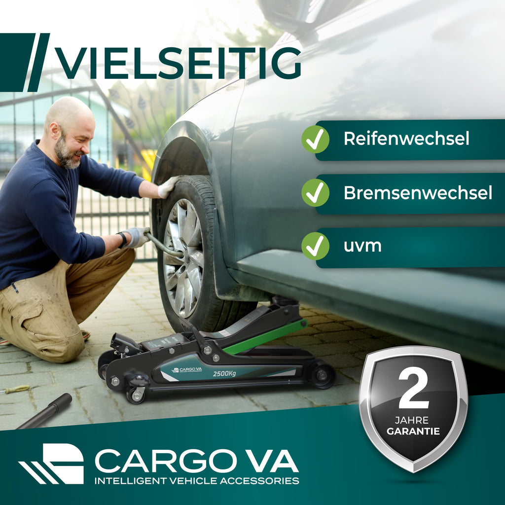 Wagenheber hydraulisch 2,5T – TÜV – 85-380mm Hub – flach für tiefergelegte Autos – Rangierwagenheber inkl. Gummiauflagen [Koffer]