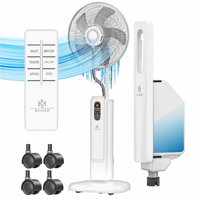 KESSER® Stand-Ventilator Frosty mit Wasser Ultraschall-Sprühnebel Wasserkühlung, inkl. Fernbedienung Timer-Funktion, Luftbefeuchter Leise, Nebelfunktion, Standventilator, Weiß