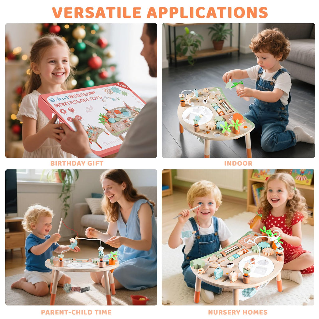 Holz-Aktivitätstisch für Kinder, Baby Montessori Spielzeug 9-in-1 Spieltisch ab 1 2 3 Jahr, Kinderspielzeug Holzspielzeug Activity Tisch ab 12+ Monate, Eburtstag Weihnachten Geschenk 1+ Jahr