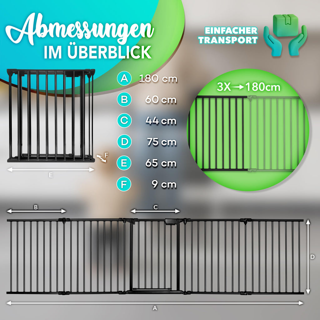 KIDUKU® Kaminschutzgitter mit Tür Metall 180 cm | Absperrgitter Ofenschutzgitter faltbar | Konfigurationsgitter inkl. 3 Elementen (Schwarz)