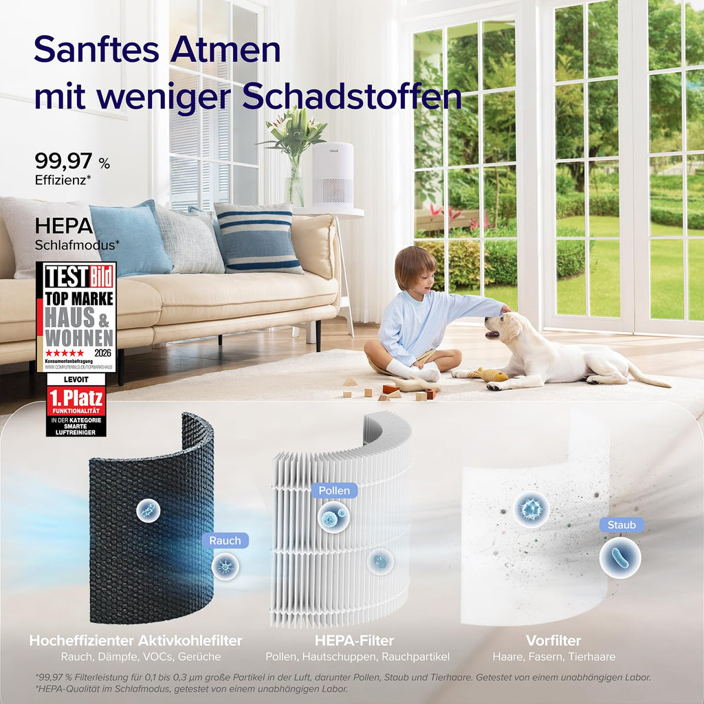 LEVOIT Luftreiniger 3-in-1 HEPA Filter, Luftfilter gegen Schimmel, Staub, Pollen & Gerüche, Air Purifier für Schlafzimmer, App Steuerung & Timer, Schlafmodus & Nachtlicht, Mattweiß