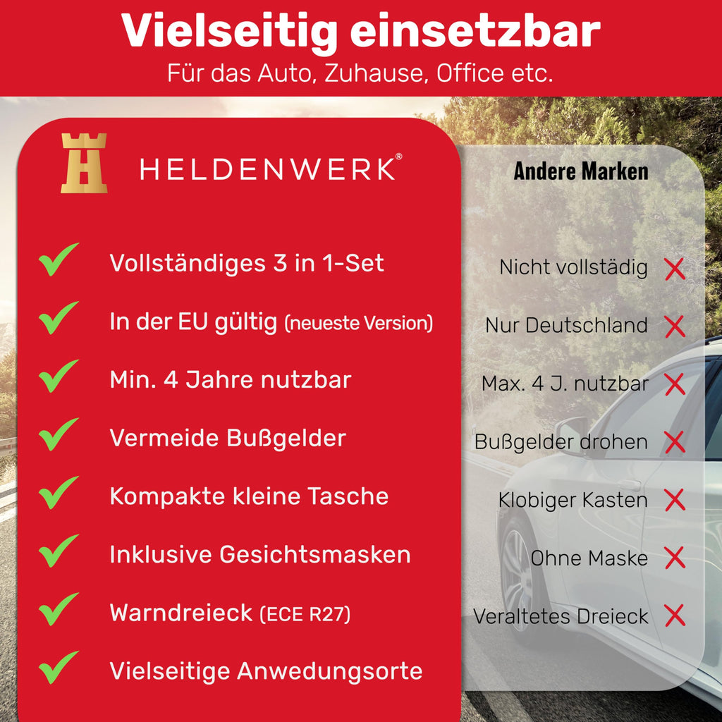KFZ Kombitasche (3 in 1) nach aktueller Norm 2026 - Inkl. Warndreieck, Warnweste - Verbandskasten Warndreieck Set Verbandskasten Auto DIN 13164:2022 (StVO konform)