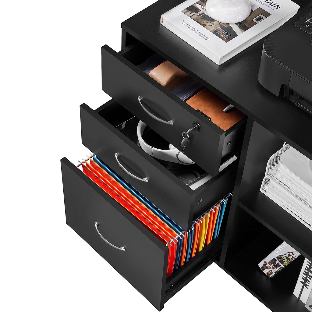 Yaheetech Rollcontainer, Aktenschrank, Büroschrank mit 5 Rollen, 3 Schubladen und 2 offenen Fächern, Industrie-Design, für Dokumente, Schwarz