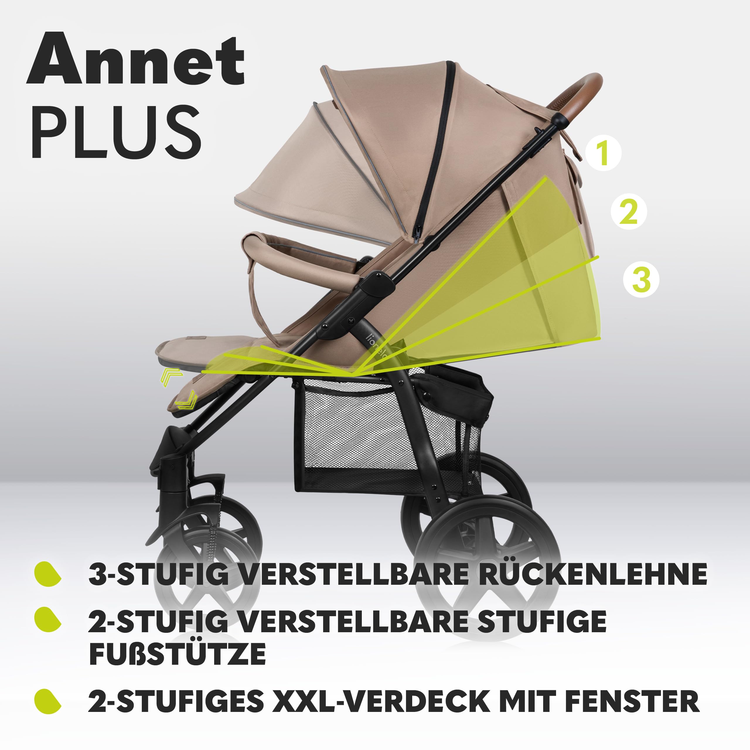 LIONELO Annet Buggy bis 22 kg mit Liegefunktion, Kinderwagen klein zusammenklappbar mit Zubehör, Eva-Schaum-Räder, Moskitonetz, Fußdecke Getränkehalter, Korb