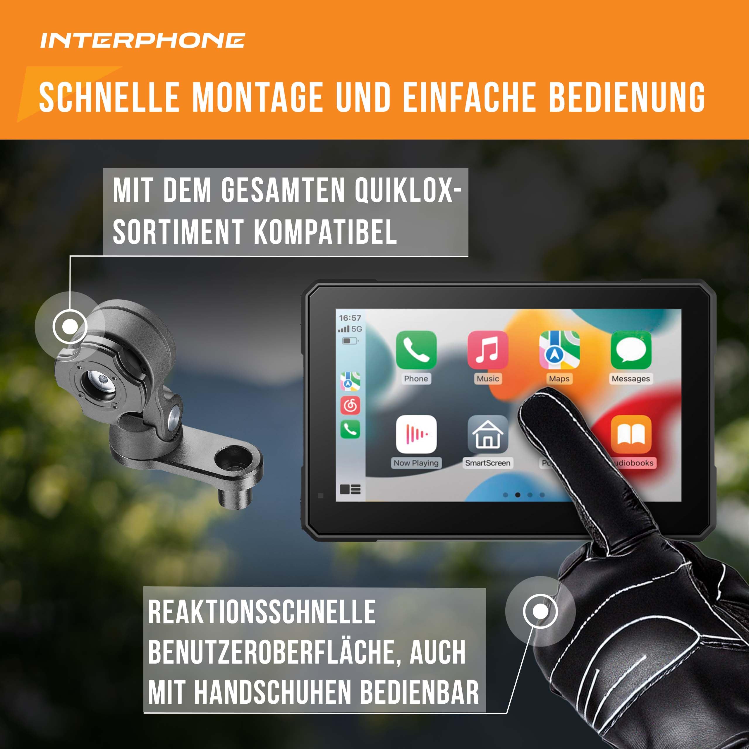 INTERPHONE SYNC70E Essential Motorrad Carplay für Apple und Android – 7 Zoll WiFi- und Bluetooth-Motorrad-Display für Smartphone-Mirroring – Carplay Display mit QUIKLOX- Halterung, IP66 wasserdicht