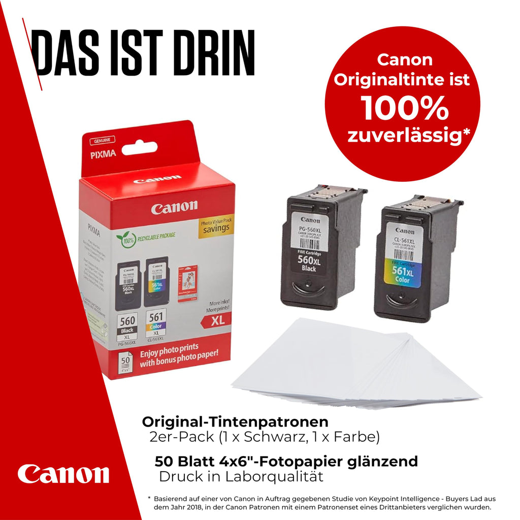 Canon Tinte & Papier Multipack - PG-560XL/CL-561XL Original Drucker Tintenpatronen 2er Pack (1 x Schwarz XL, 1 x Farbe XL druckerpatronen) & 4x6 Fotopapier (50 x Blatt)