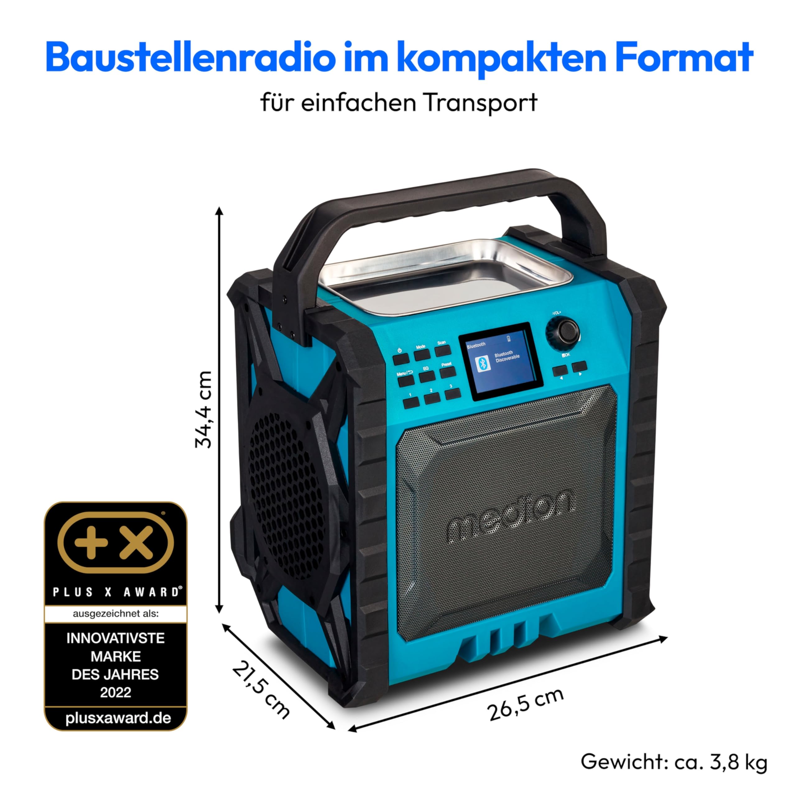 MEDION P66896 Baustellenradio (DAB Plus, DAB+/UKW, integrierter Akku, Farbdisplay, Bluetooth, Powerbank-Funktion, IP54, robust, Zwei Passivradiatoren)