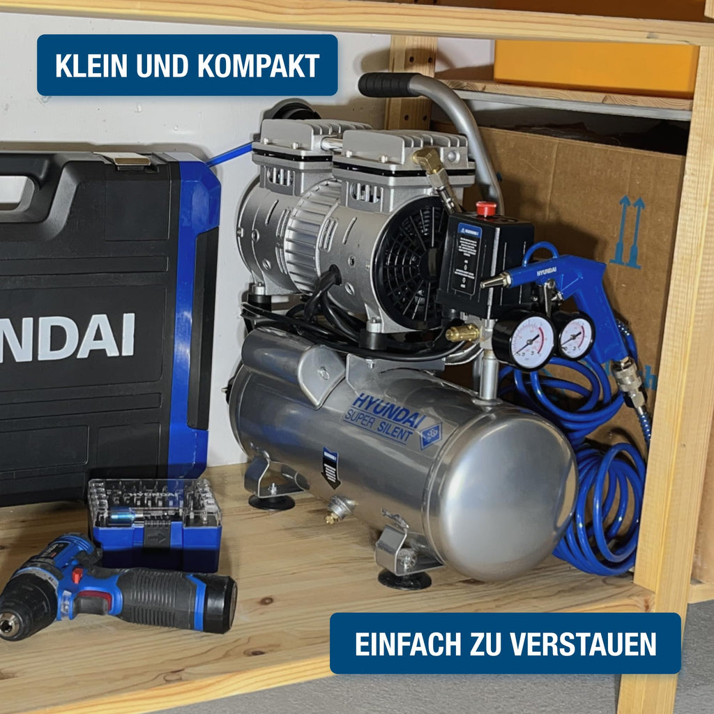 HYUNDAI Silent Kompressor SAC55751 | 6L Kessel, 8bar, ölfrei | 0.55kW / 0.75PS | Ansaugleistung 93 L/Min | klein, kompakt, tragbar | 59dB Luftkompressor leise, Flüster-Kompressor | mit Zubehör