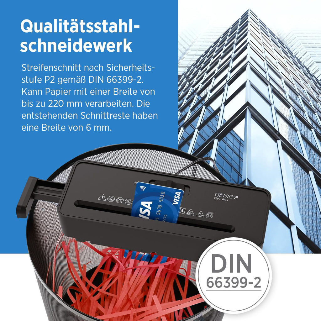 GENIE 260 S Plus Aktenvernichter | Papierschredder mit 6-mm Streifenschnitt | Schredder Aktenvernichter für Zuhause | Shredder Papier kompakt | Mit universal Aufsatz | Paper Shredder