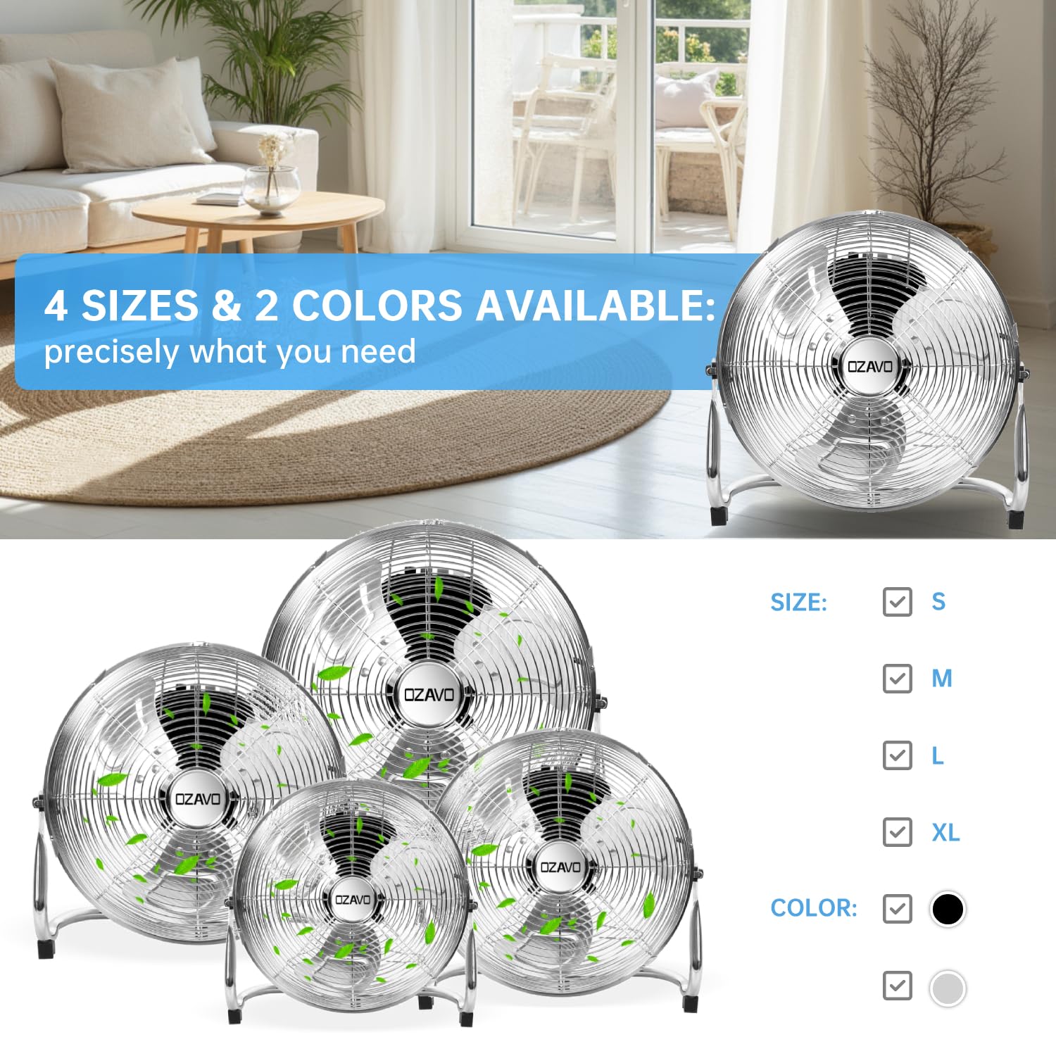 OZAVO Standventilator, Windmaschine ⌀45 cm mit 3 Laufgeschwindigkeiten, Bodenventilator Power, Tischventilator Metall, Luftkühler, verstellbare Neigungswinkel, 80 W