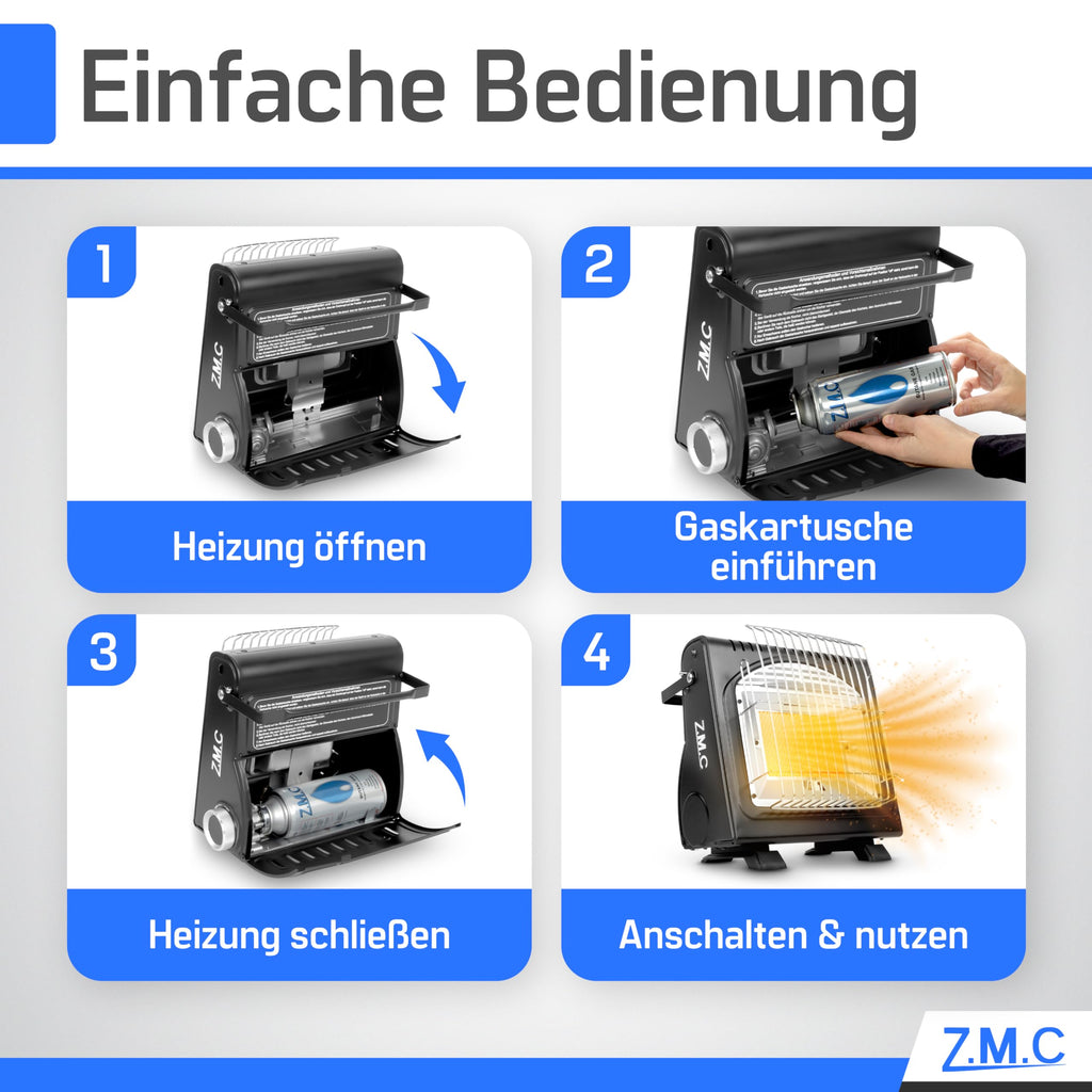 Z.M.C 2-in-1 Tragbare Gasheizung und Gaskocher + 16 Gaskartuschen 227g, multifunktionale Keramikheizung, Camping Heizung 1,7 kW, Gasheizer für Outdoor, Balkon, mobile Heizstrahler mit Piezozündung