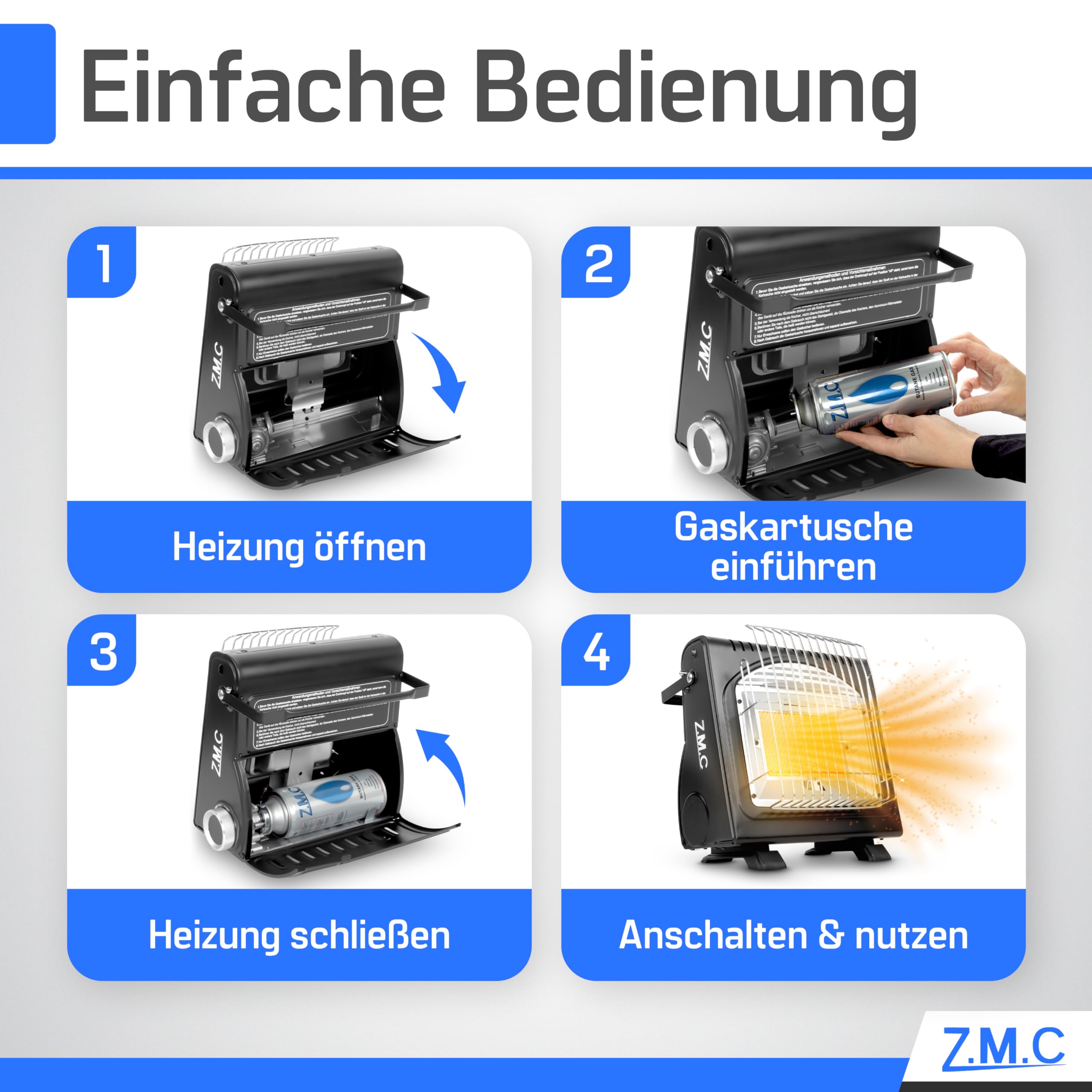 Z.M.C 2-in-1 Tragbare Gasheizung und Gaskocher + 16 Gaskartuschen 227g, multifunktionale Keramikheizung, Camping Heizung 1,7 kW, Gasheizer für Outdoor, Balkon, mobile Heizstrahler mit Piezozündung