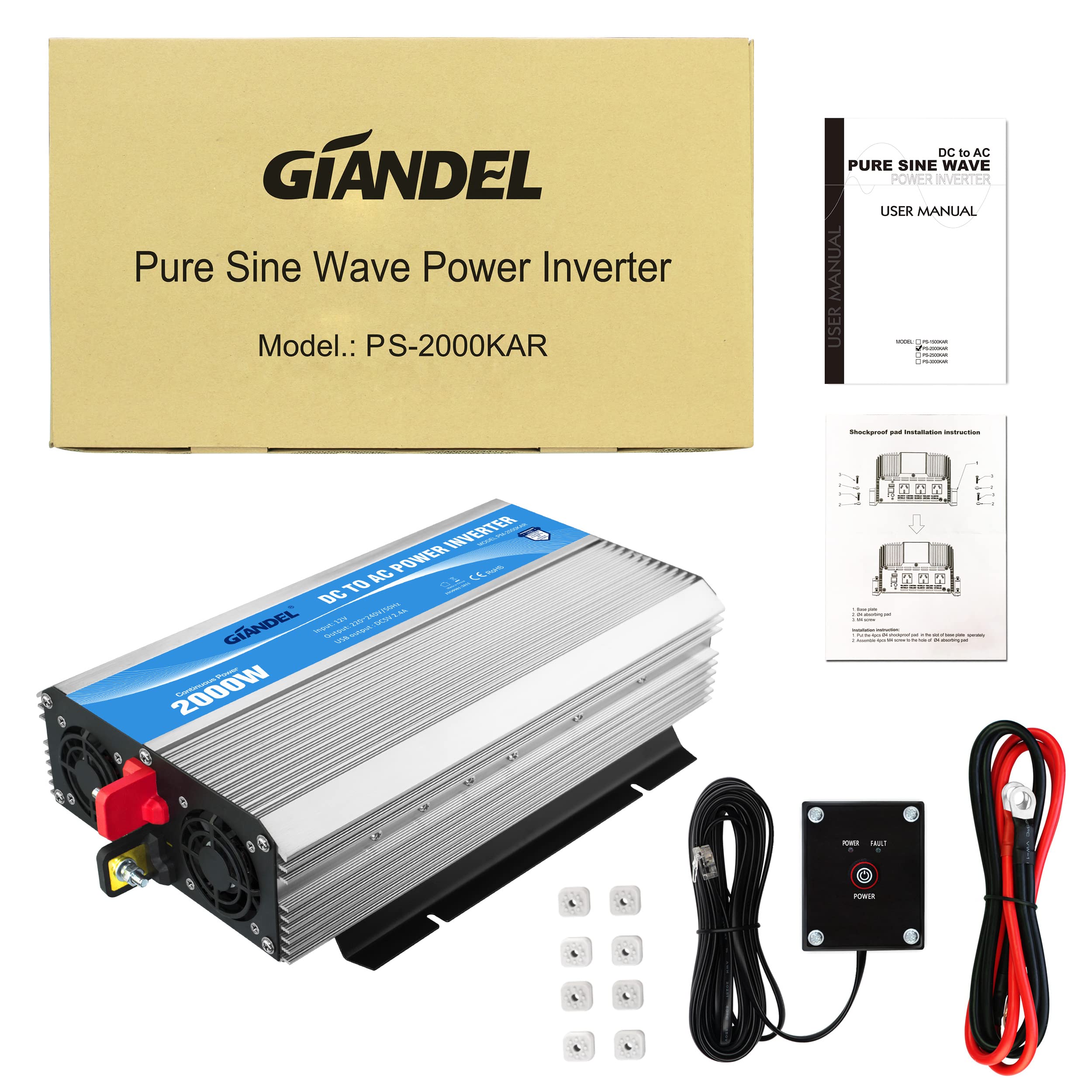 GIANDEL 2000W Wechselrichter 12V auf 230V Reiner Sinus Spannungswandler Kompatibel Lithium-Batterie, Für Wohnmobil, LKW, Zuhause, Off-Grid Solarstrom Umwandler-Inverter mit LED-Anzeige