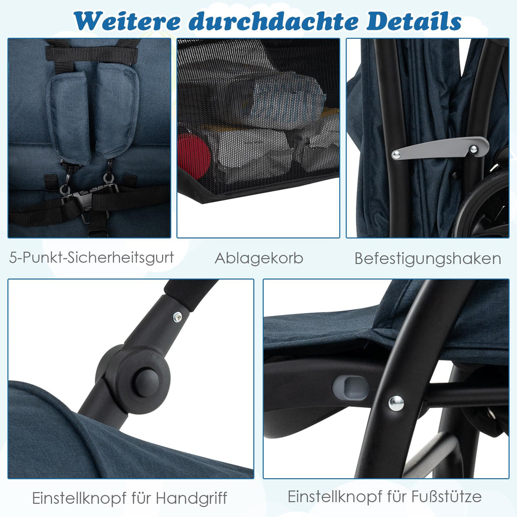 COSTWAY Geschwisterwagen klappbar, Zwillingswagen mit verstellbarer Rückenlehne & Verdeck, Reisebuggy mit Liegefunktion, Zwillingsbuggy Kinderwagen für Baby ab 6 Monate, 30 kg Belastbar (Blau)