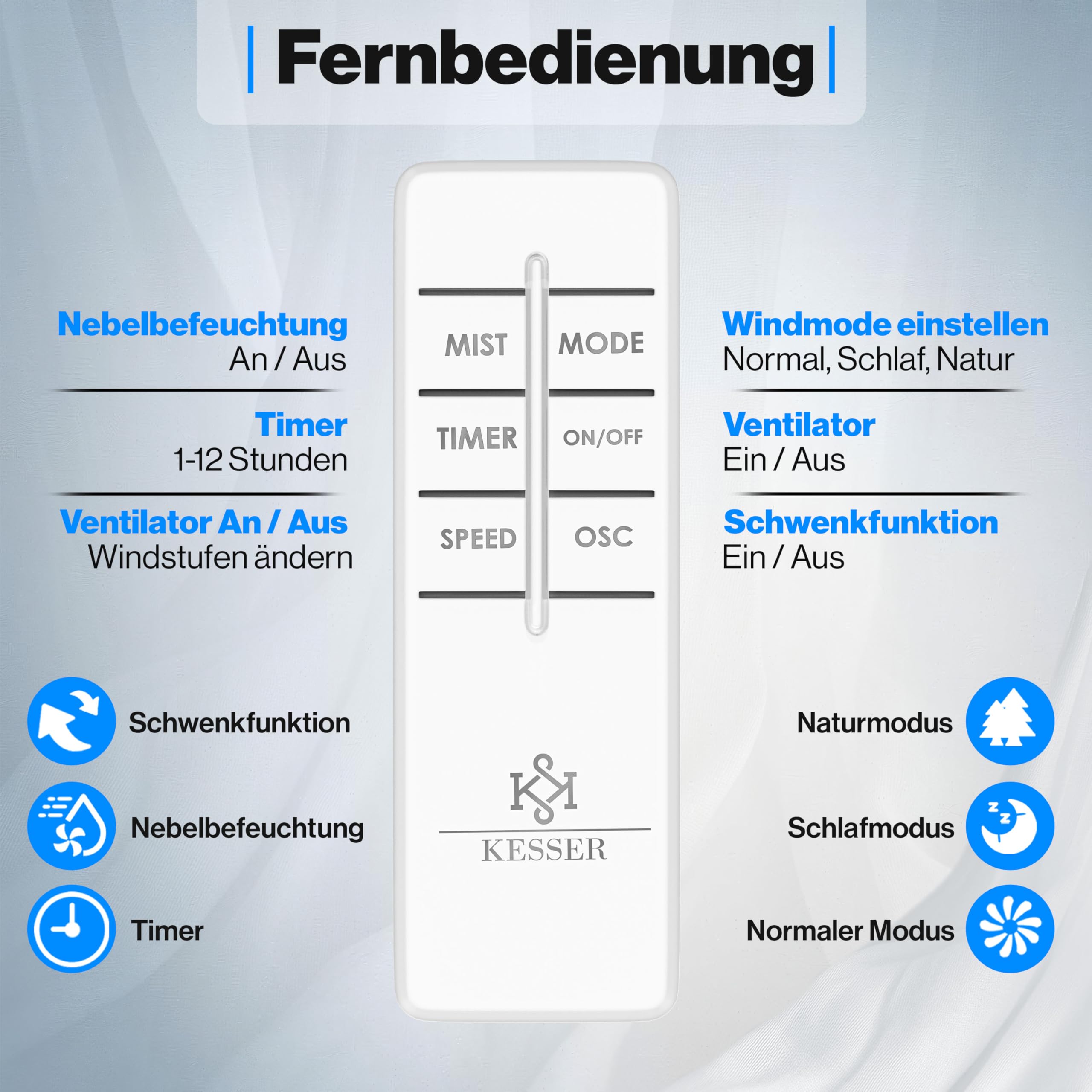 KESSER® Stand-Ventilator Frosty mit Wasser Ultraschall-Sprühnebel Wasserkühlung, inkl. Fernbedienung Timer-Funktion, Luftbefeuchter Leise, Nebelfunktion, Standventilator, Weiß