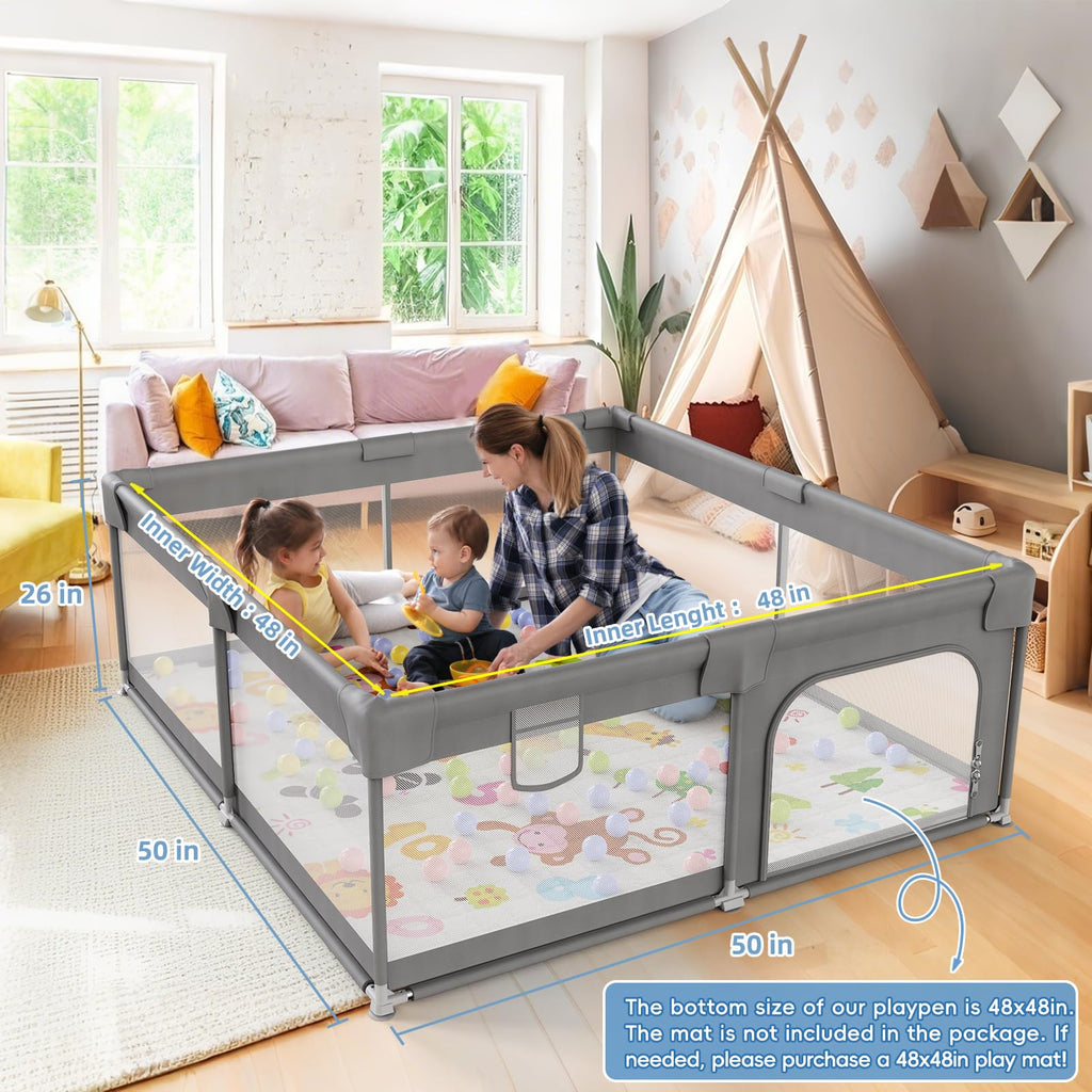 Palopalo Laufstall Baby 127x127cm, Laufgitter für Babys und Kleinkinder, Laufgitter Baby mit Reißverschlusstür und Atmungsaktivem Netz, Laufstall 300D Oxford Geweb, Dunkelgrau