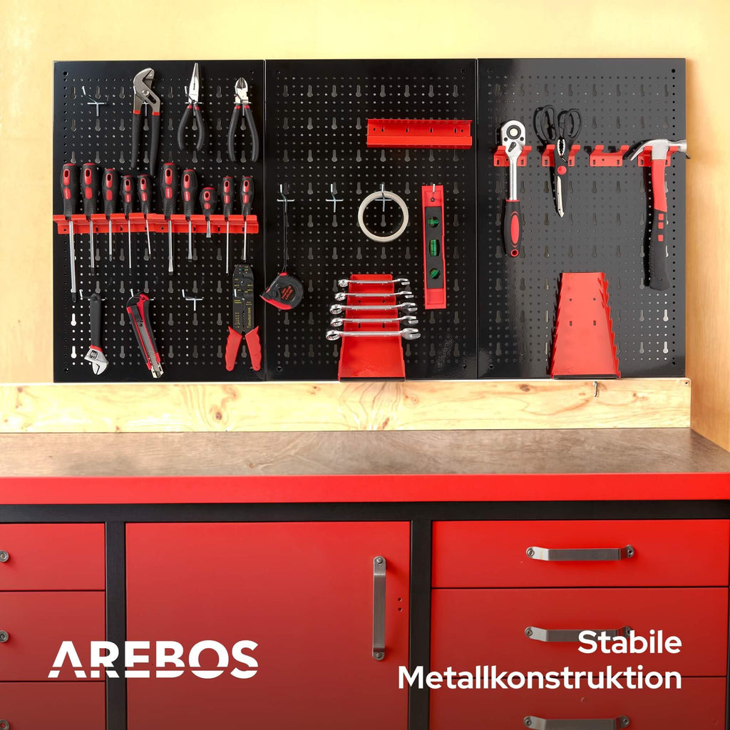 Arebos Werkzeugwand 3-teilige Lochwand Werkstatt | 17-teiliges Hakenset & Halterungen | 117,6 x 59,5 x 2 cm | Werkzeuglochwand aus Metall für Werkstatteinrichtung inkl. Montagematerial | Rot