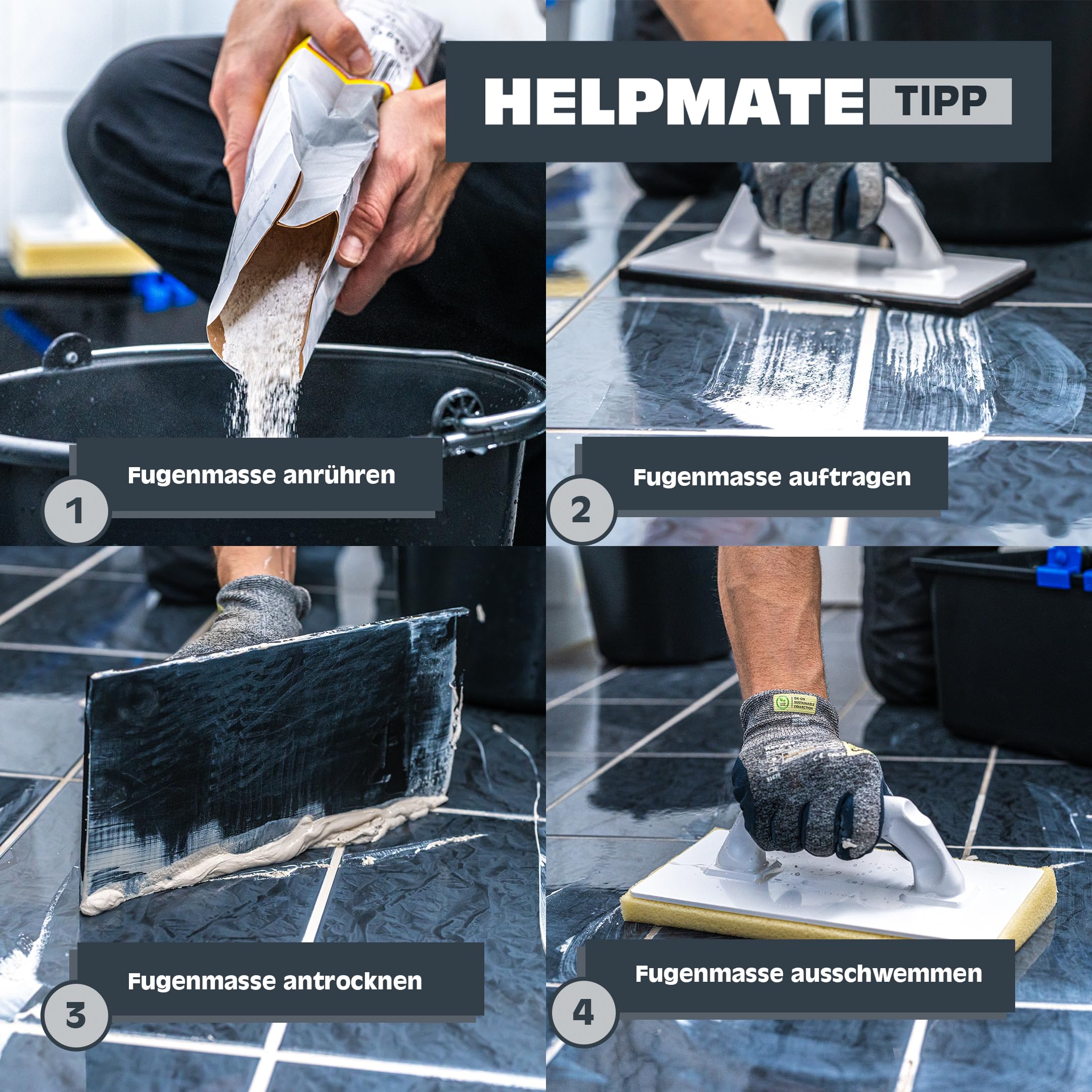 HELPMATE Fliesenwaschset 5-teilig 12 Liter Kunststoff Eimer, Doppelrollenaufsatz, Fliesenwaschbrett und Verfugbrett Made in Germany