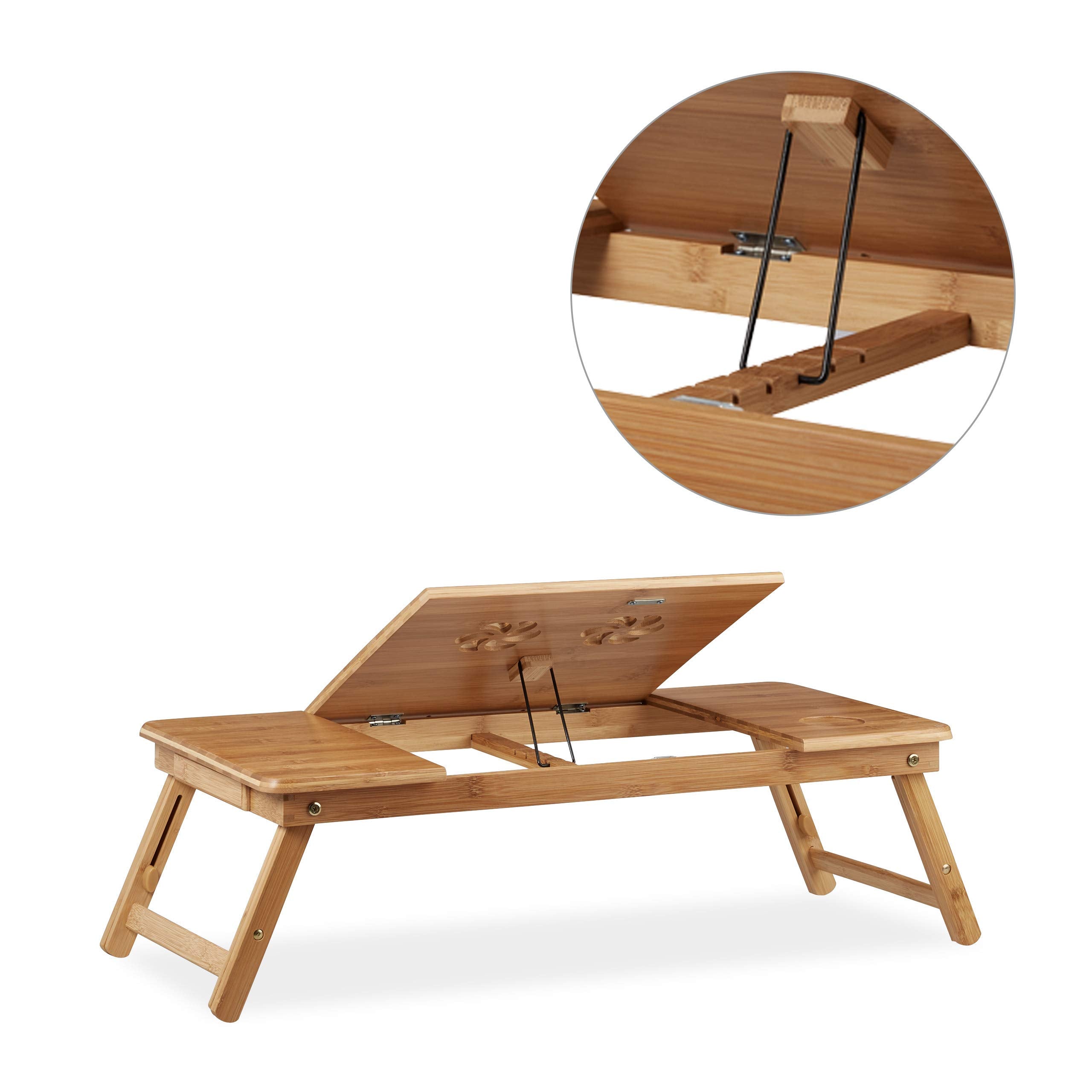 Relaxdays Laptoptisch Bambus XL, ideale Belüftung, höhenverstellbar, 5 Neigungswinkel, Lapdesk mit Schubfach, Natur