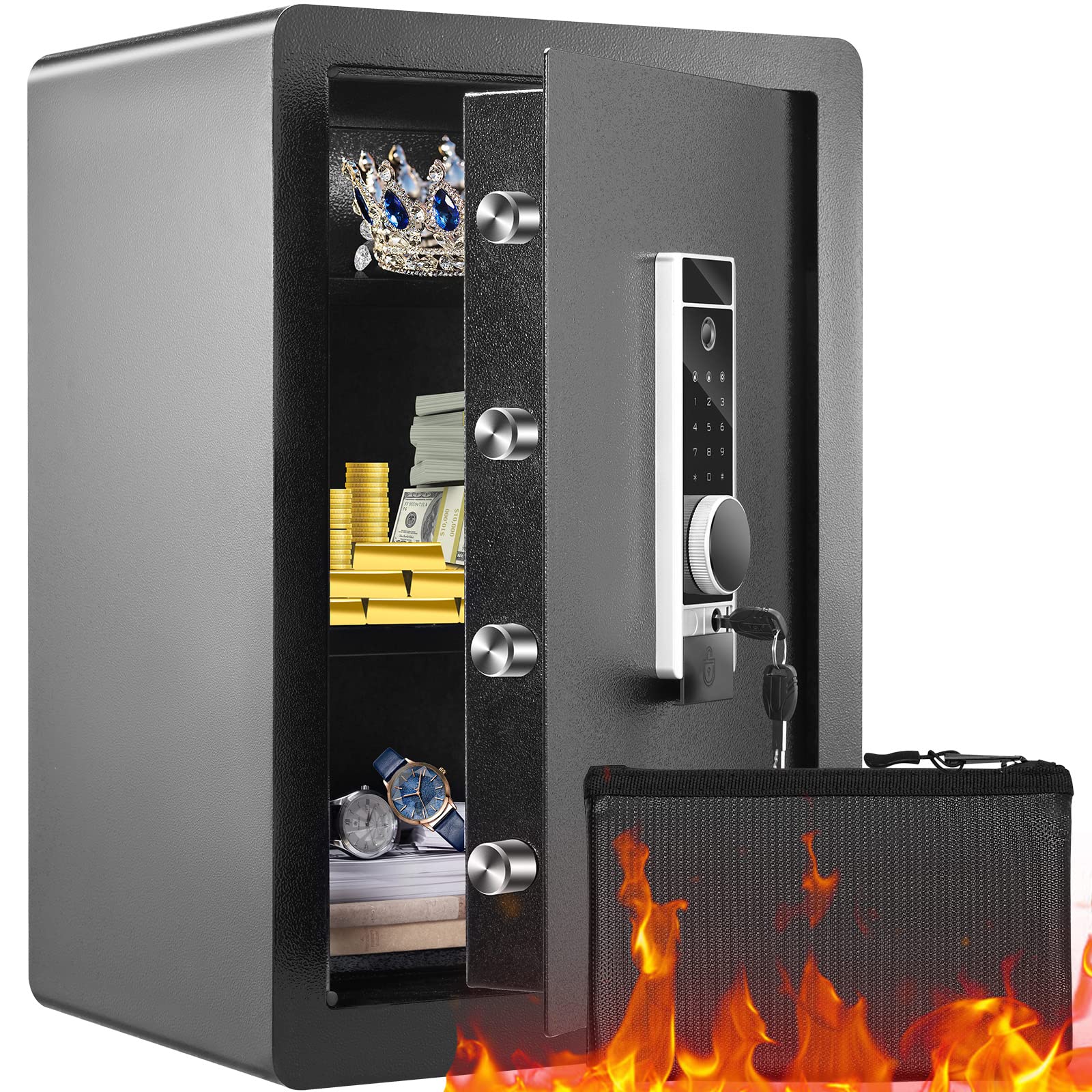 VEVOR Safe Tresor 2,2 Kubikfuß, Möbeltresor mit Feuerfester Geldtasche, Passwort & Schlüssel & Fingerabdruck Herausnehmbares Regal, Innenschrank, Wandtresor für Bargeld, Schmuck, Dokumente, Wertsache