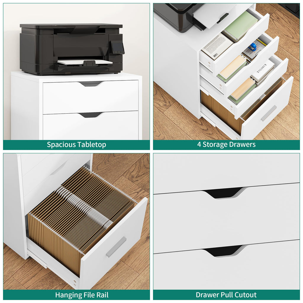YITAHOME Rollcontainer mit 4 Schubladen, Mobiler Aktenschrank mit Rädern, Bürocontainer Schubladenschrank Rollschrank Rollwagen, Schubladenkommode für Zuhause Büro, Hängeregisterschrank (Weiß)