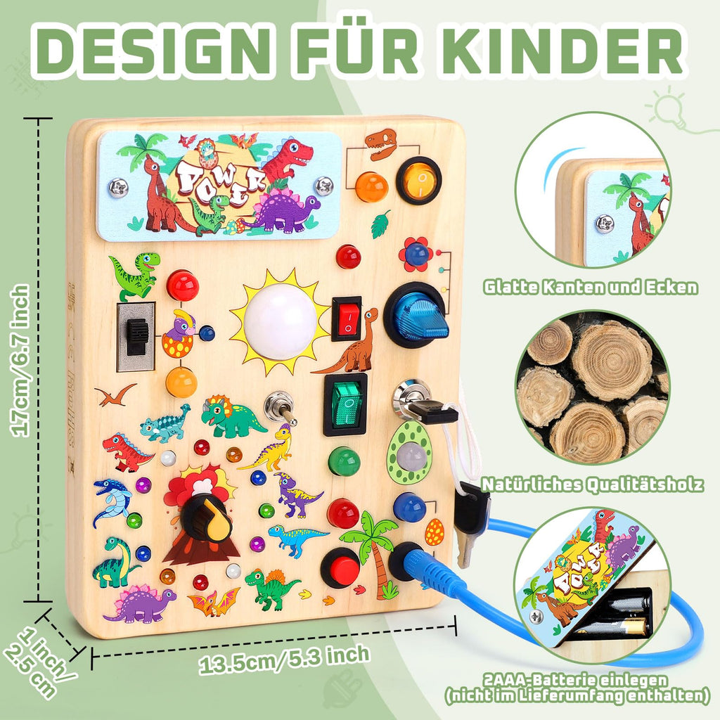 Dinosaurier Busy Board Montessori Spielzeug ab 1 jahr Activity Board Holzspielzeug Mit 10 Schaltern und 23 LED Lichtern Sensorik Spielzeug Motorikspielzeug für Babys und Kinder ab 1 2 3 4 Jahre Jungen