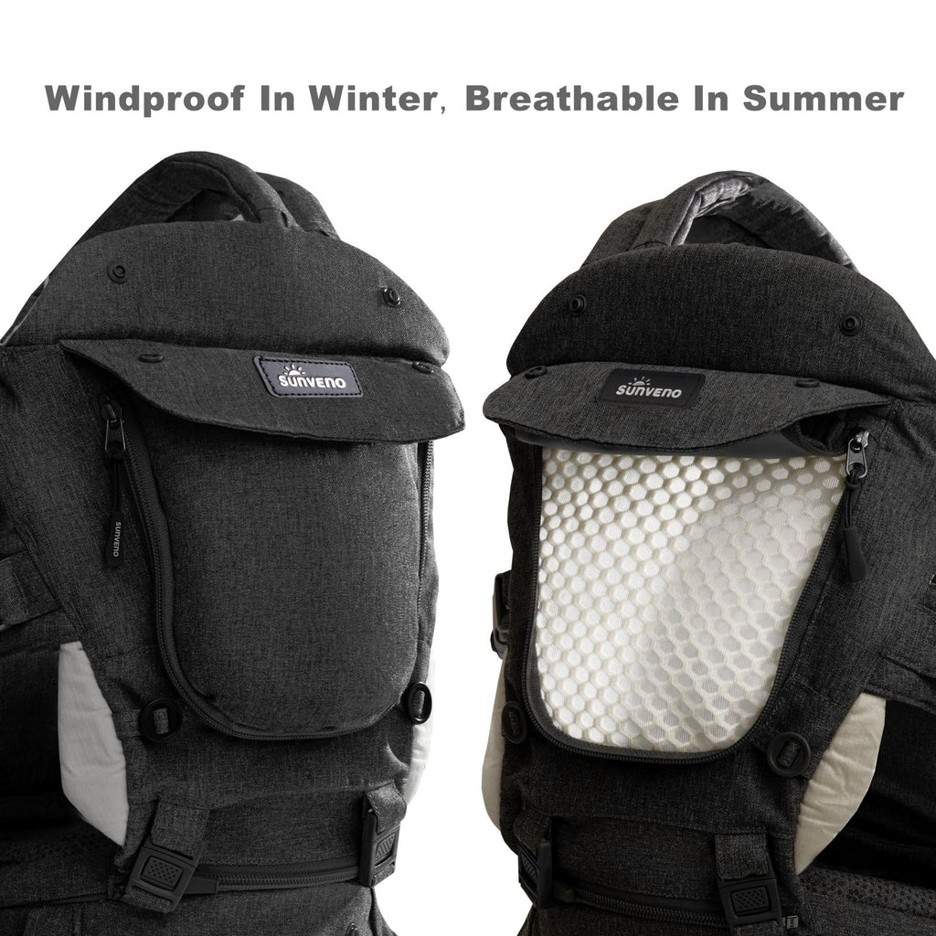 SUNVENO Babytrage Ergonomisch，Baby Carrier mit Abnehmbarer Kapuze, Hüftsitz baby mit Speicheltuch, 3in1 Babybauchtragen für Baby 3-36 Monate, Babyrückentragen 0-20Kg (Schwarz)