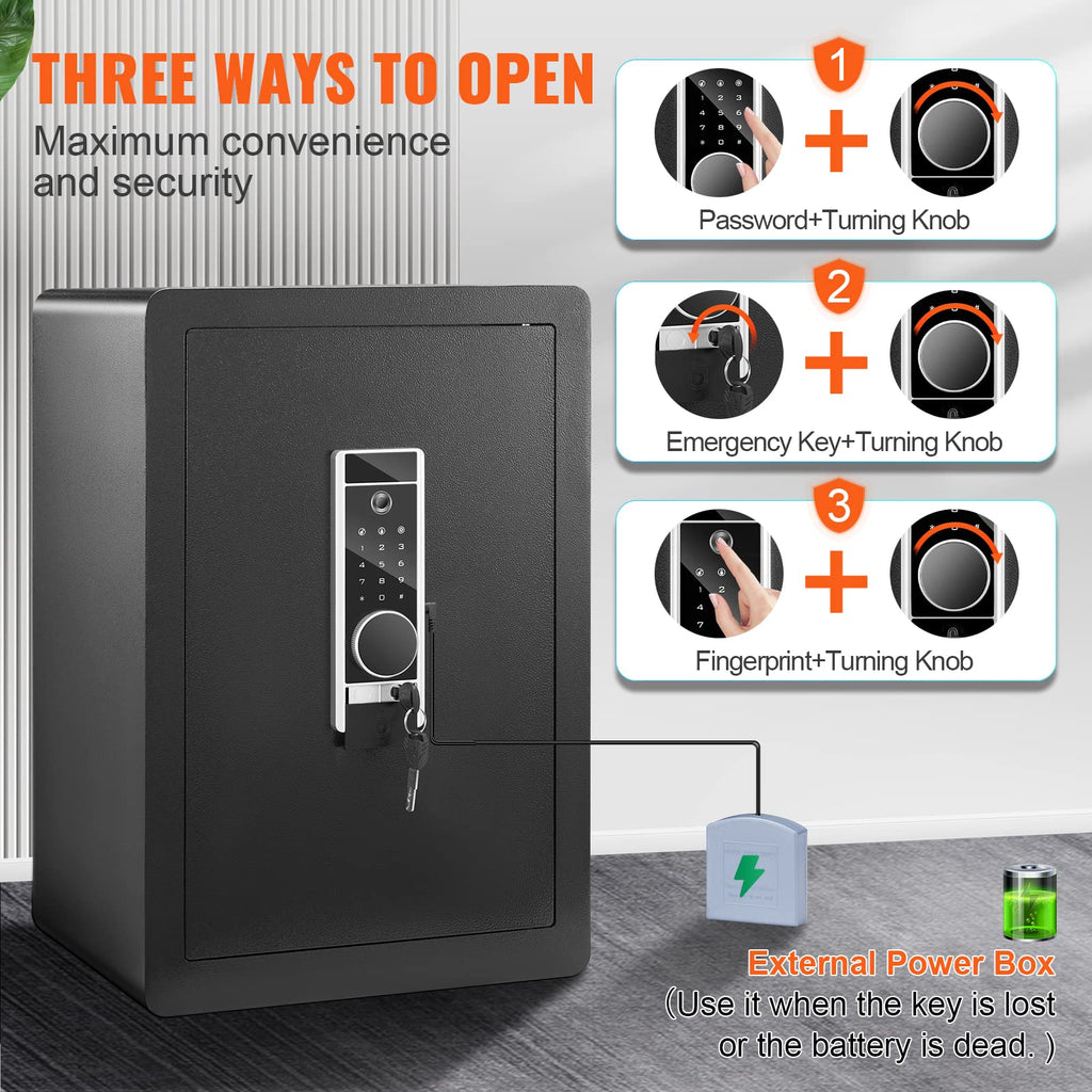 VEVOR Safe Tresor 2,2 Kubikfuß, Möbeltresor mit Feuerfester Geldtasche, Passwort & Schlüssel & Fingerabdruck Herausnehmbares Regal, Innenschrank, Wandtresor für Bargeld, Schmuck, Dokumente, Wertsache