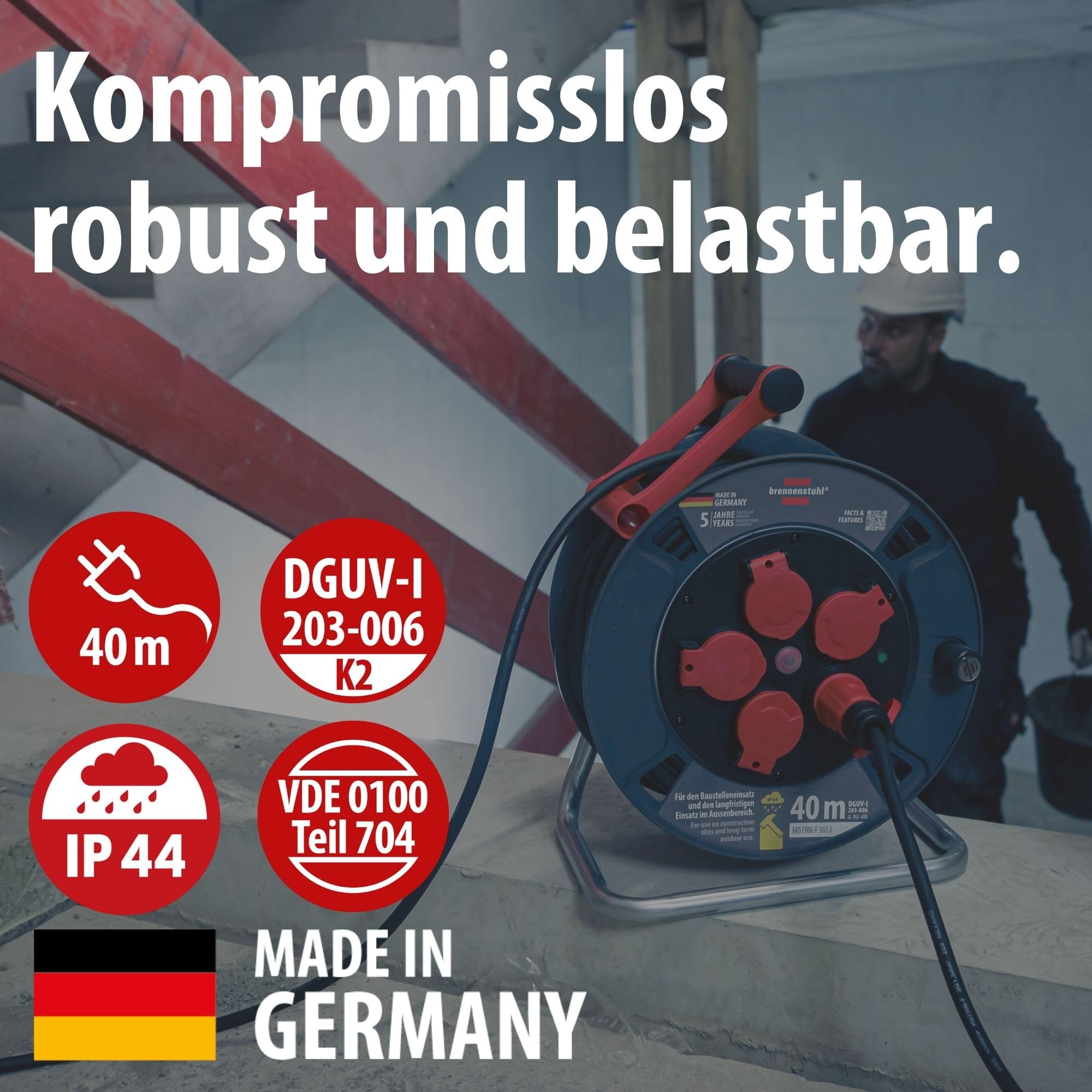 Brennenstuhl Professional Kabeltrommel 300 KU 4100 (40m Kabel in schwarz, aus Spezialkunststoff, Baustelleneinsatz und ständiger Einsatz im Außenbereich, Made in Germany)