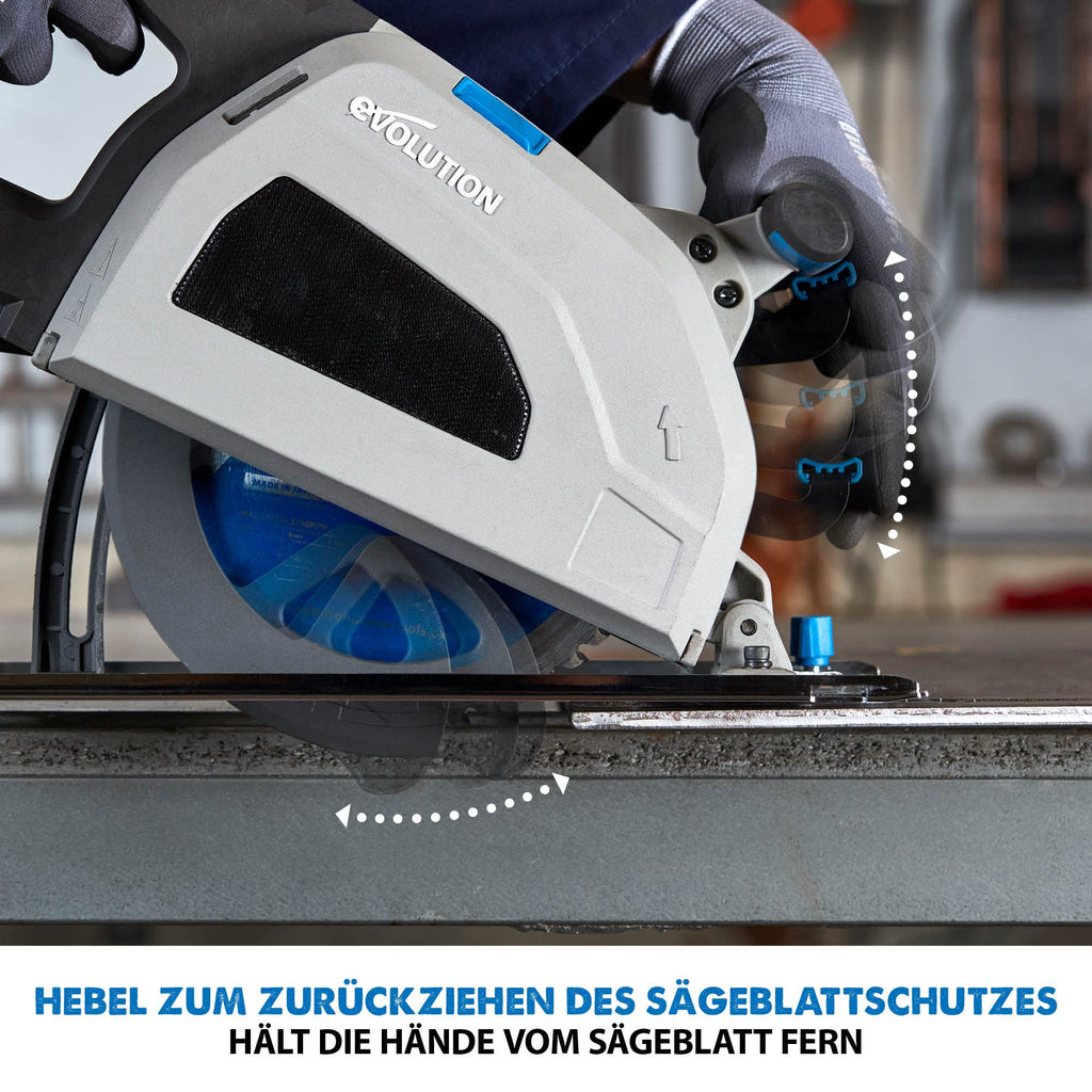 Evolution Metallkreissäge S210CCS | Kaltsäge Kreissäge Tauchsäge 1800W Inkl. Ø 210 mm HM-Sägeblatt Schneidet Baustahl, Metall | Schienenkompatibel Kaltkreissäge | Scie Circulaire mit Führungsschiene