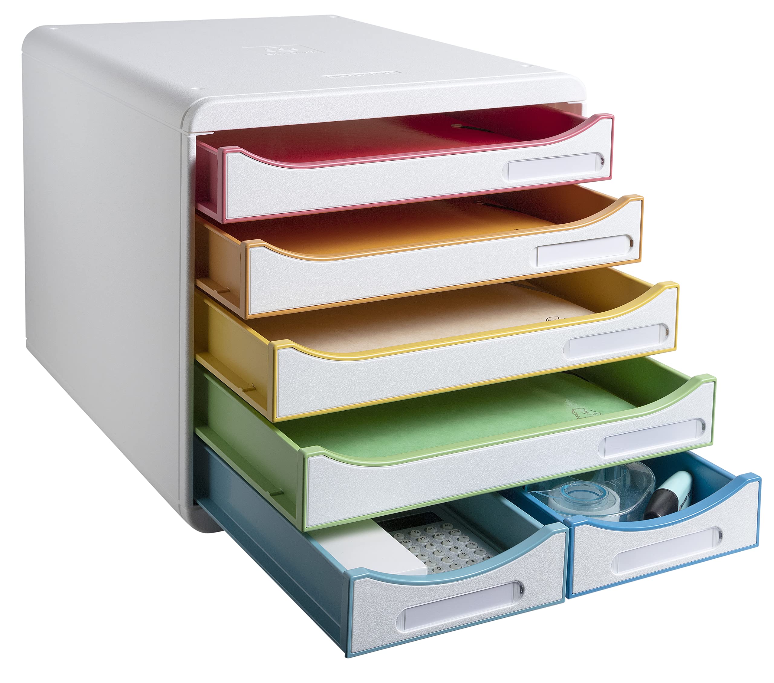 Exacompta 312913D Ablagebox Harlekin aus Recycling-Kunststoff mit 4 Schubladen für DIN A+ und 2 Schubladen für Utensilien. Belastbare Schubladenbox für mehr Platz. Blauer Engel Big Box Maxi weiß|bunt