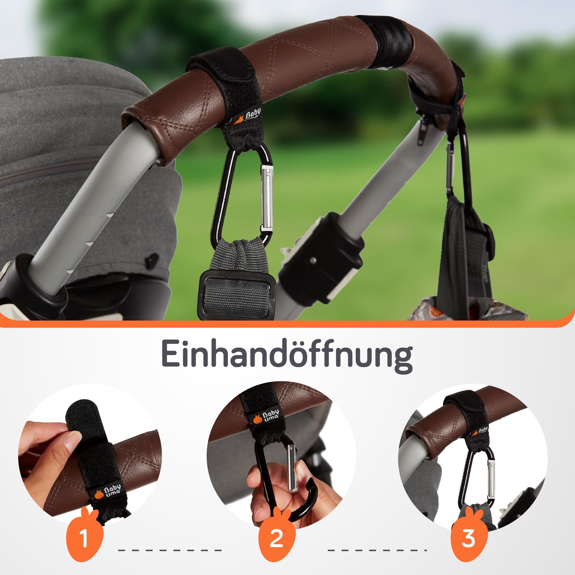 Baby Uma Kinderwagenhaken (2er-Pack) - Universelle Kinderwagen Haken für Taschen, Rutschfeste Klettverschlüsse, Stabile Karabinerhaken mit 5 kg Tragkraft