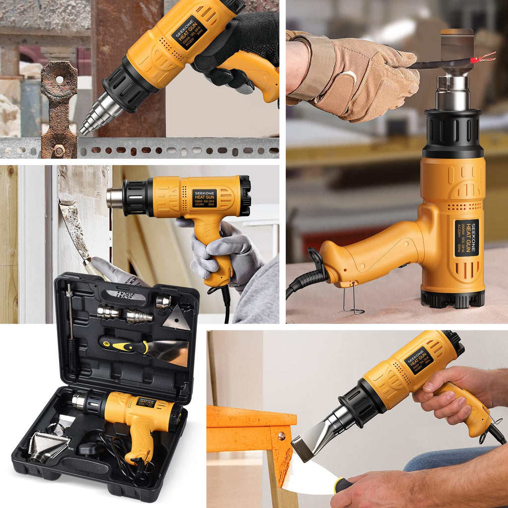 SEEKONE Heißluftpistole Kit mit Werkzeugkoffer, Heißluftgebläse mit Überlastschutz (2000W, 5 Düsen, 2 Schaber, Variable Temperaturbereich 50-600°C|190-500L/min) zum Schrumpfen, Entlacken