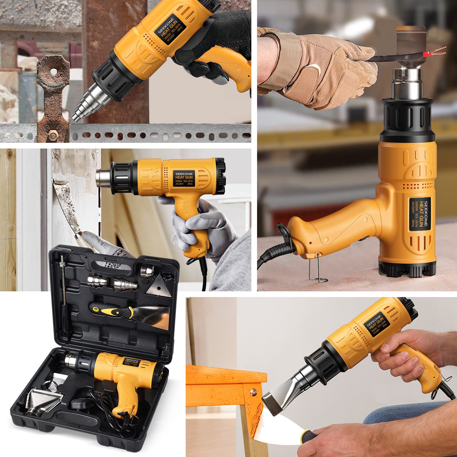 SEEKONE Heißluftpistole Kit mit Werkzeugkoffer, Heißluftgebläse mit Überlastschutz (2000W, 5 Düsen, 2 Schaber, Variable Temperaturbereich 50-600°C|190-500L/min) zum Schrumpfen, Entlacken
