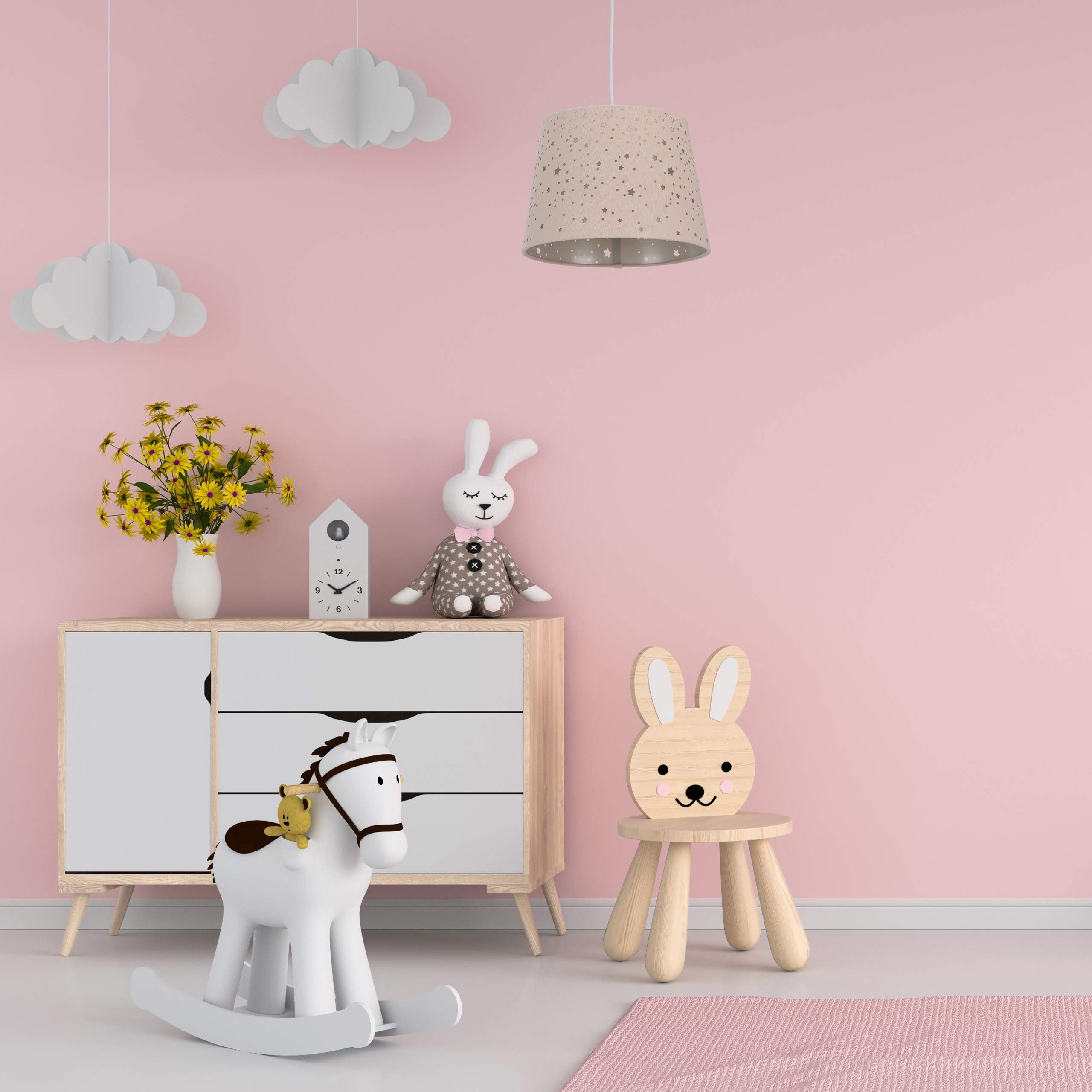Relaxdays Kinderzimmerlampe Sterne, hängende Schirmlampe für Mädchen, Sternenhimmel Motiv, E27, runder Stoffschirm, rosa, 122 x 27 x 27 cm