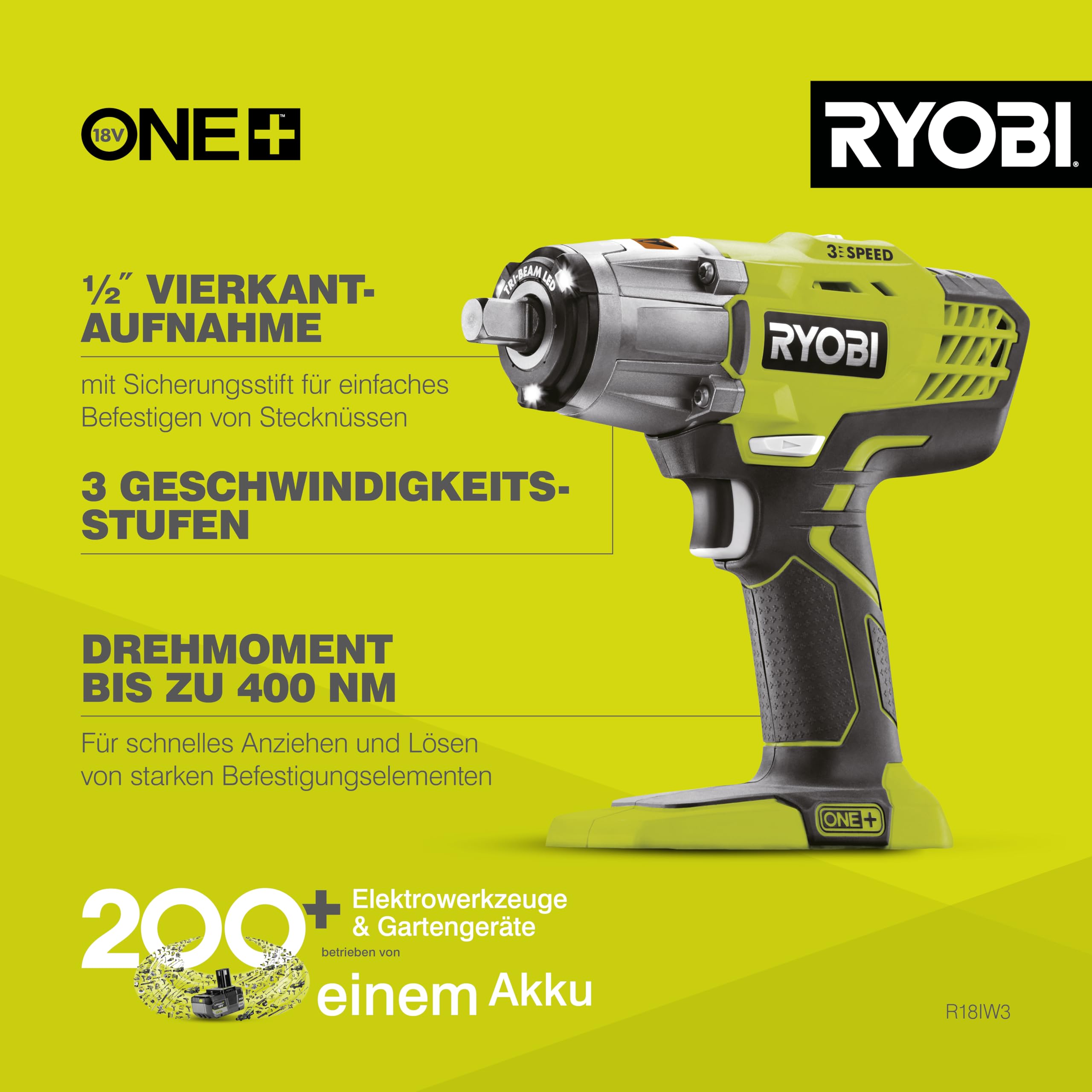 RYOBI 18 V ONE+ Akku-Schlagschrauber R18IW3-0 (max. Drehmoment 400 Nm, 1/2 Zoll Vierkant-Aufnahme, 3 Schaltstufen, Schlagzahl 0-3.200 min-1, LED-Beleuchtung, ohne Akku & Ladegerät im Karton)